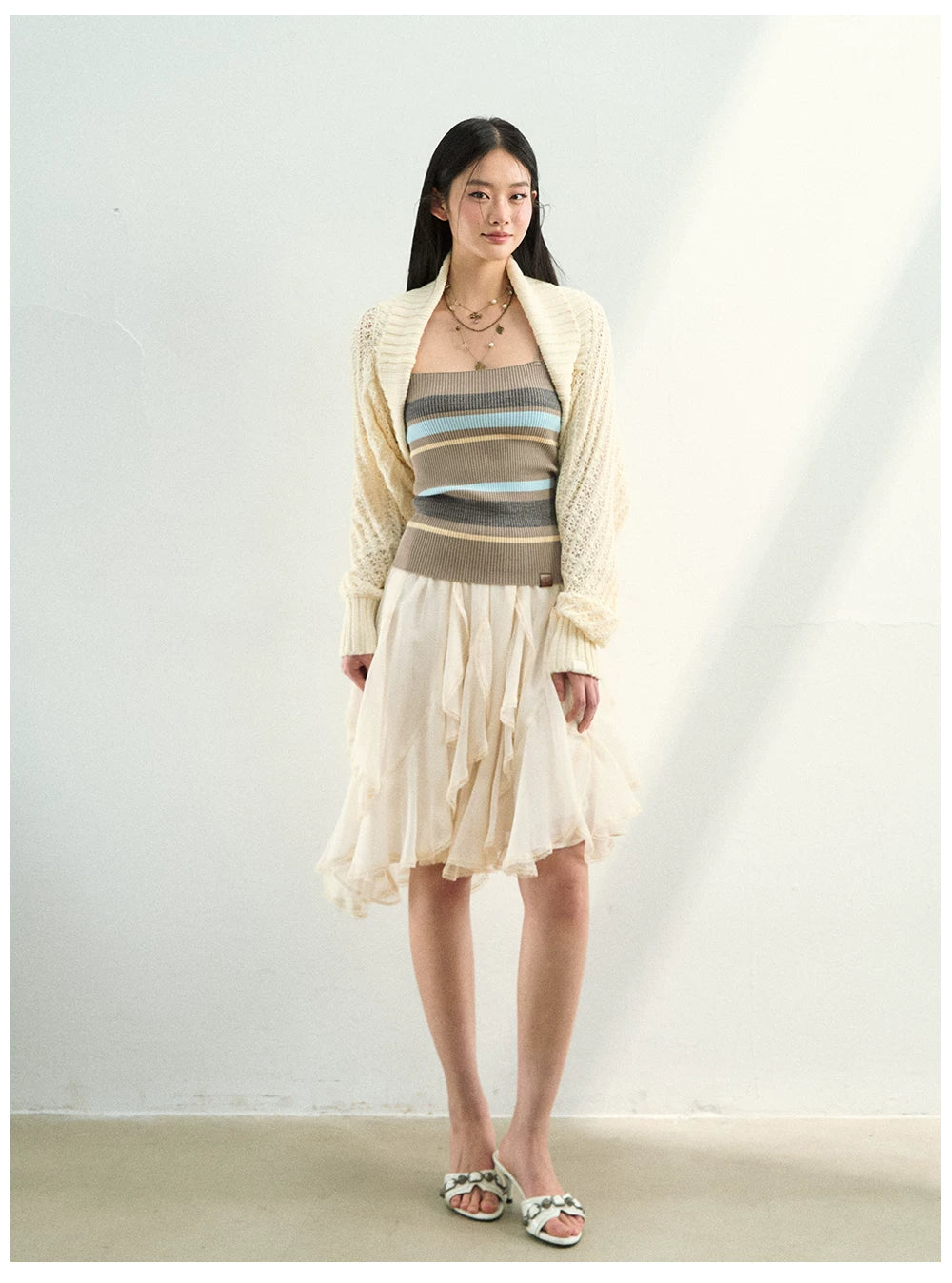 Knit Cardigan & Striped Camisole Two-Piece Set