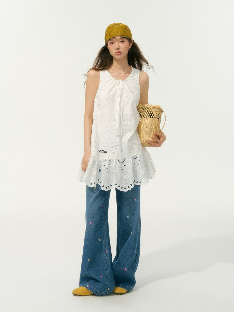 Embroidered High-Waisted Wide-Leg Pants - CHINASQUAD