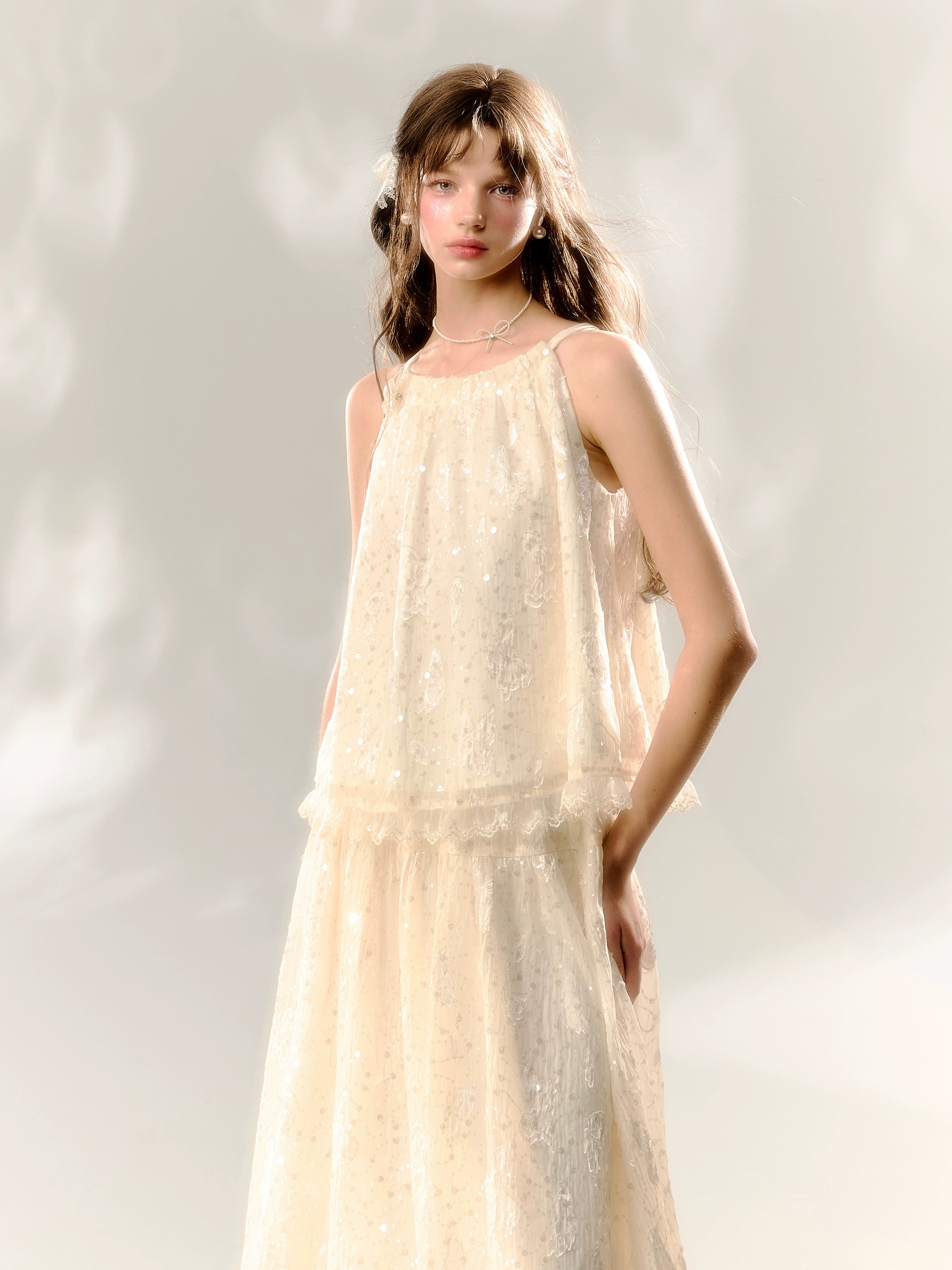 White Butterfly Lace Halter Top & Midi Skirt Set - CHINASQUAD