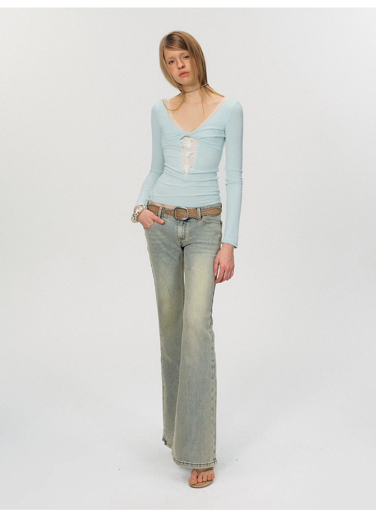 Twist-Front Mesh Panel Slim Fit Long Sleeve Top