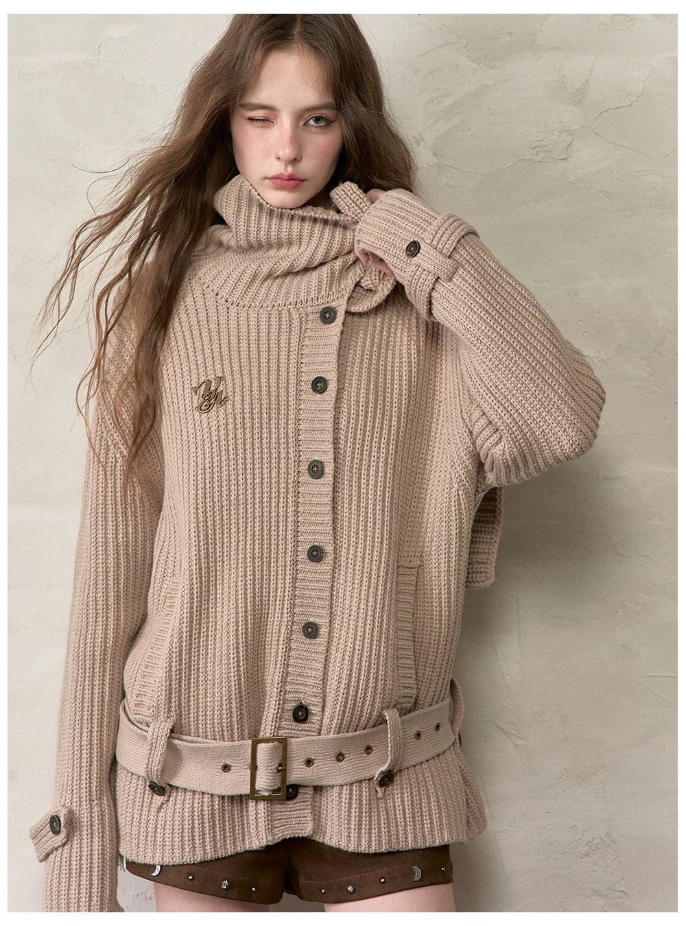 Oversized Turtleneck Cardigan with Attached Scarf - CHINASQUAD