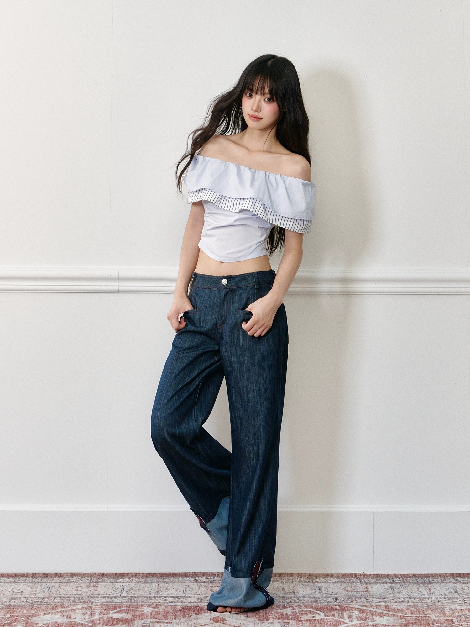 Color-block Stripe Wave Off-shoulder T-shirt - CHINASQUAD