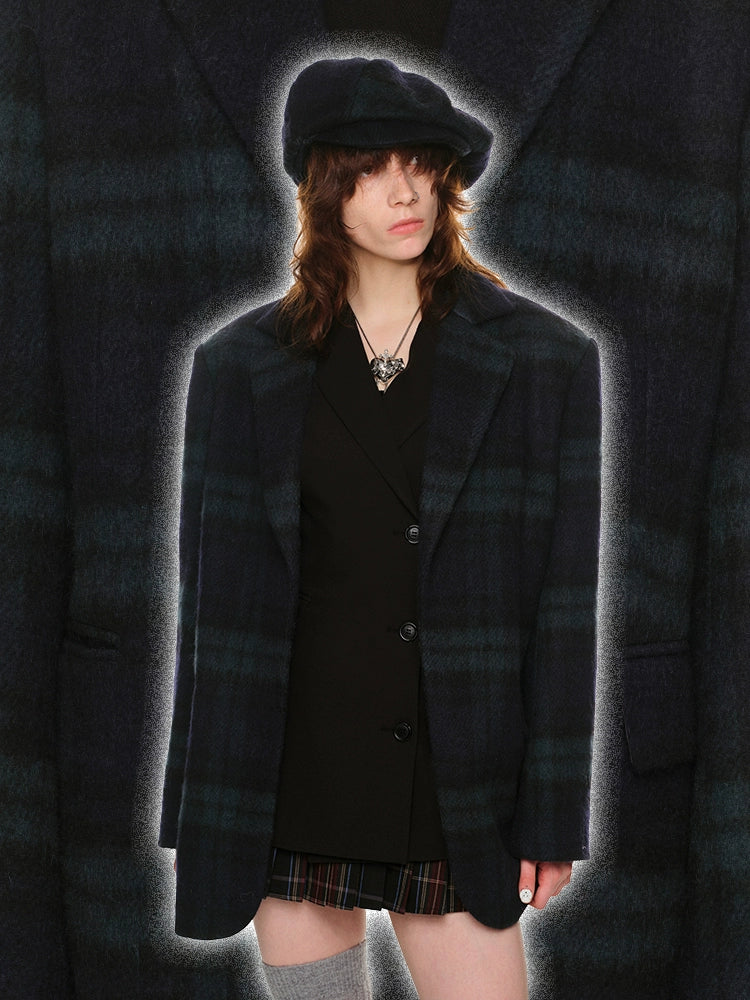 Oversized Green Plaid Woolen Blazer - CHINASQUAD