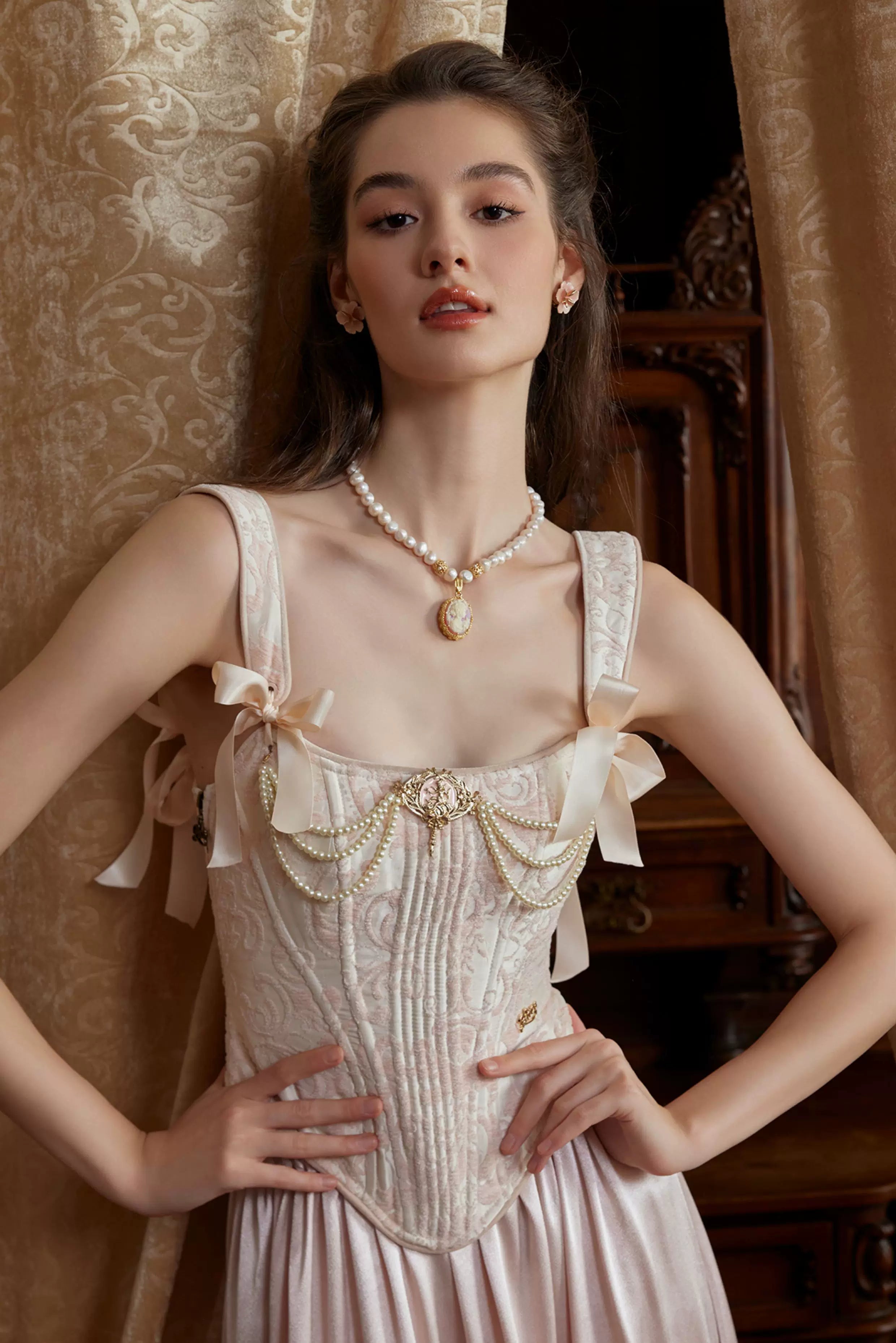 Jacquard Corset Top & Satin Ruffle Skirt Set