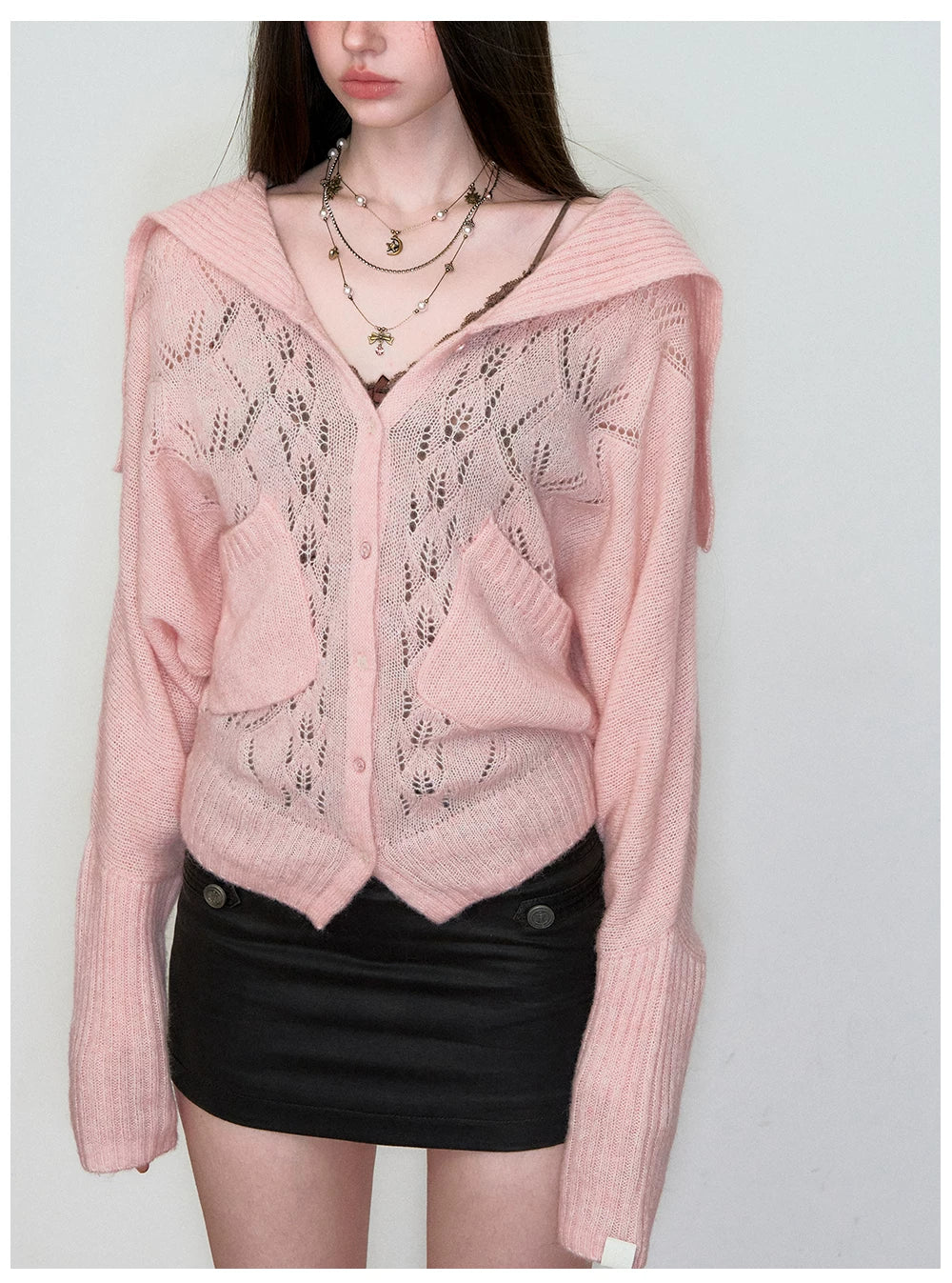 Cut-Out Collared Relaxed Wool Knit Cardigan