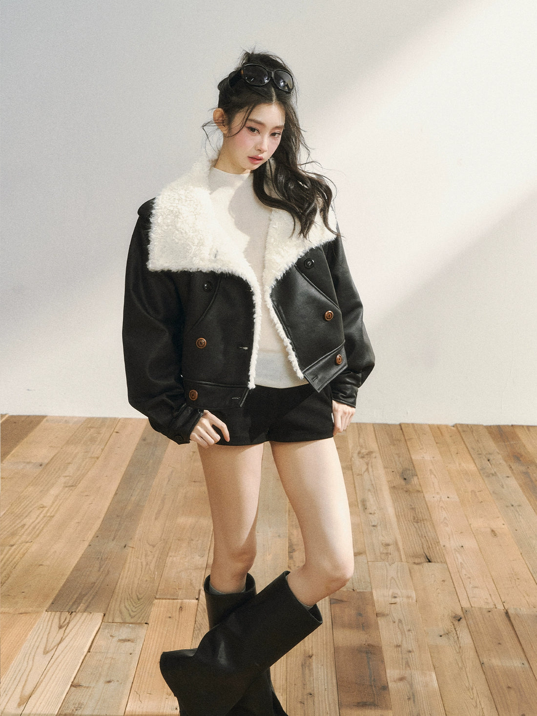 Black Faux Shearling Double-Breasted Leather Jacket
