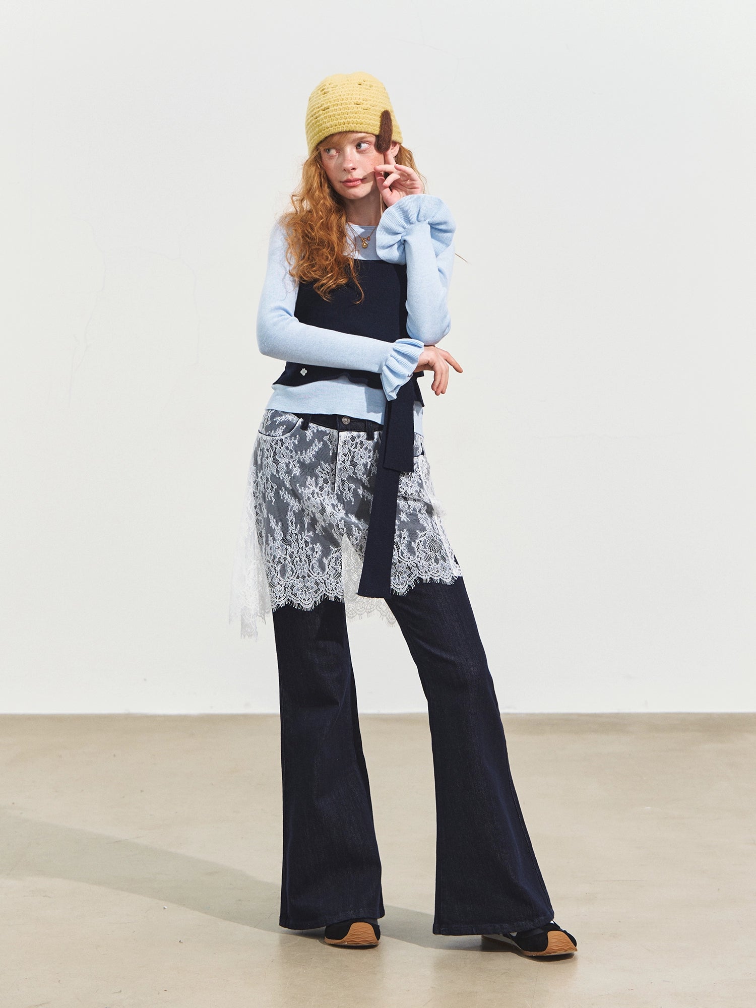 Contrast-Tie Layered Crewneck Knit Sweater