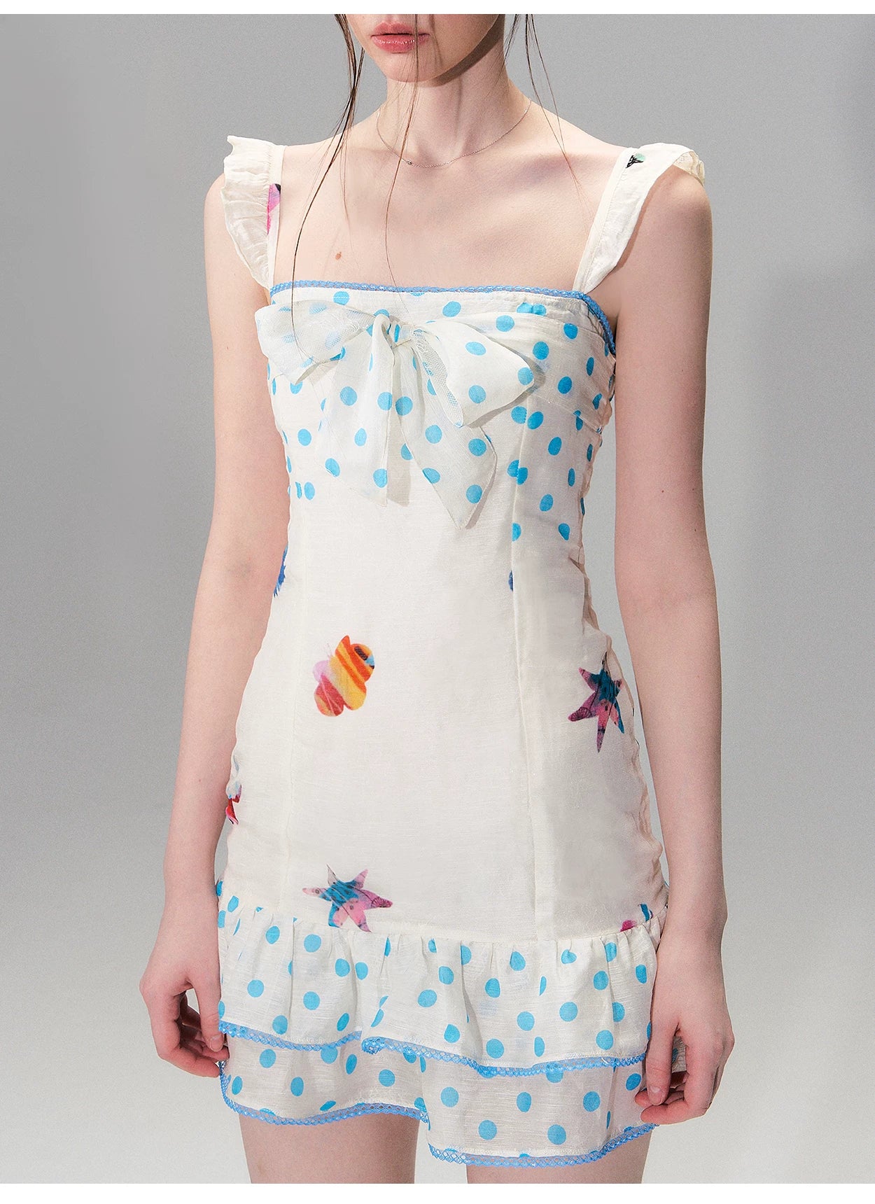 Vintage Contrast Print Flutter Strap Mini Dress