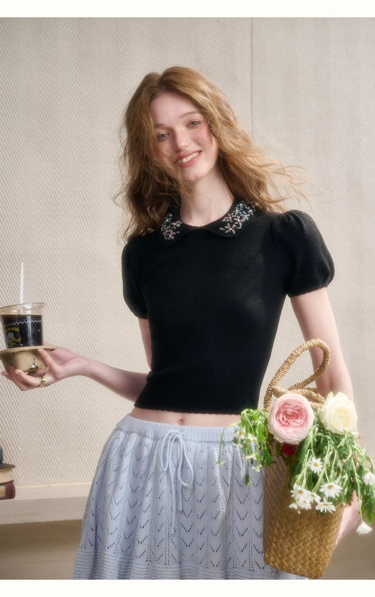 Frozen Flower Ribbon Embroidered Knit Top