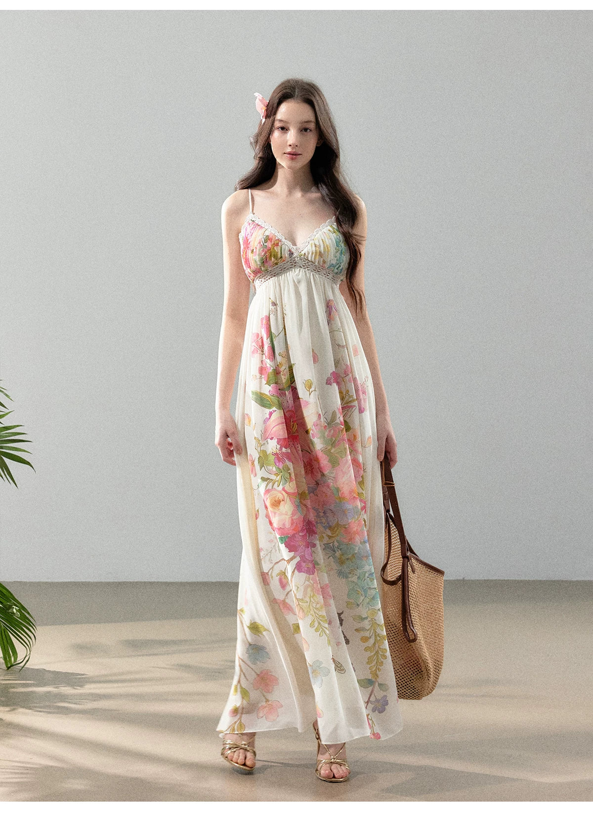 Blooming Vine Floral Chiffon Slip Maxi Dress
