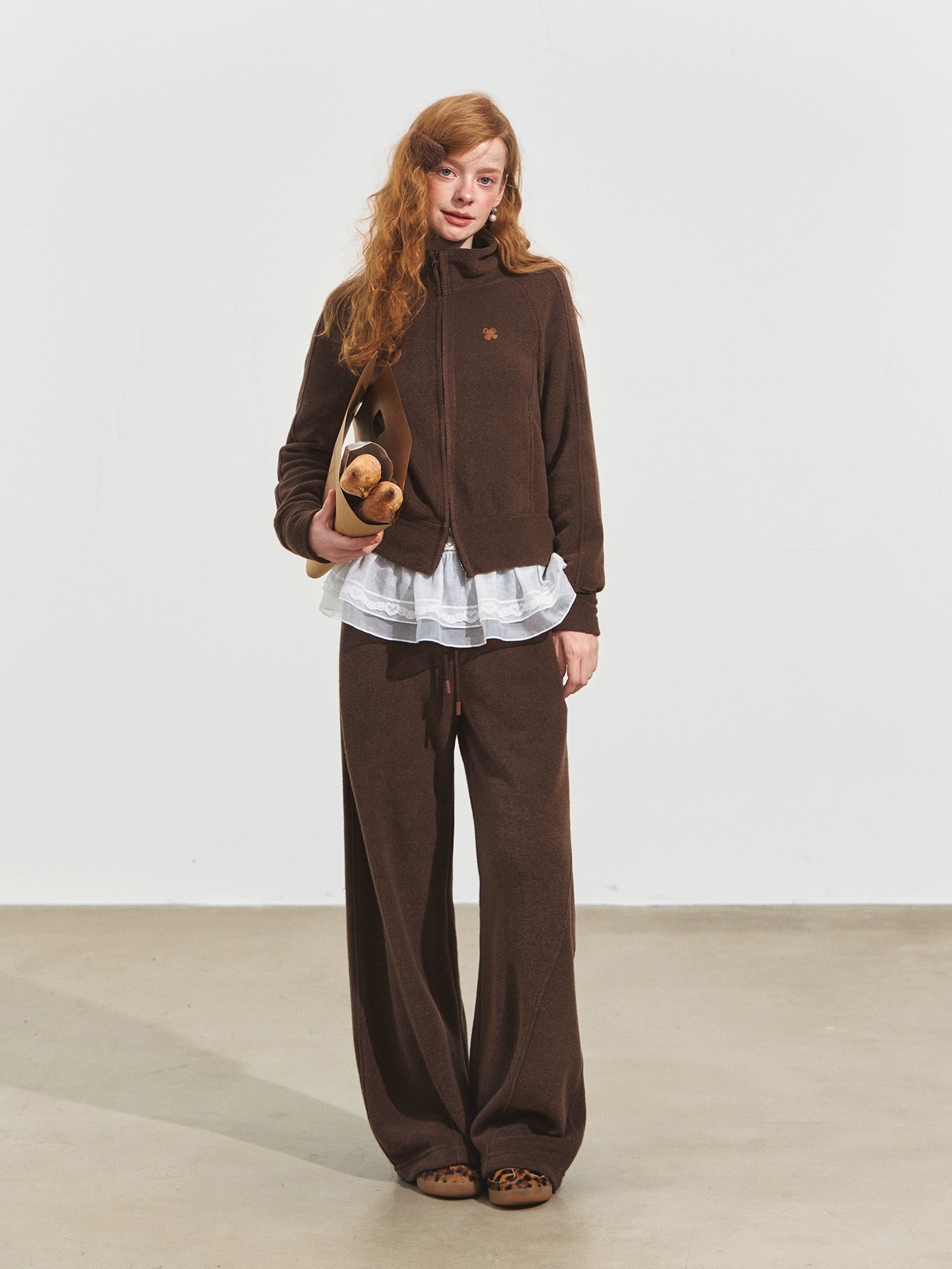 Plush Terry Fleece High-Neck Zip-up Sweatshirt & Banana Pants Set - CHINASQUAD