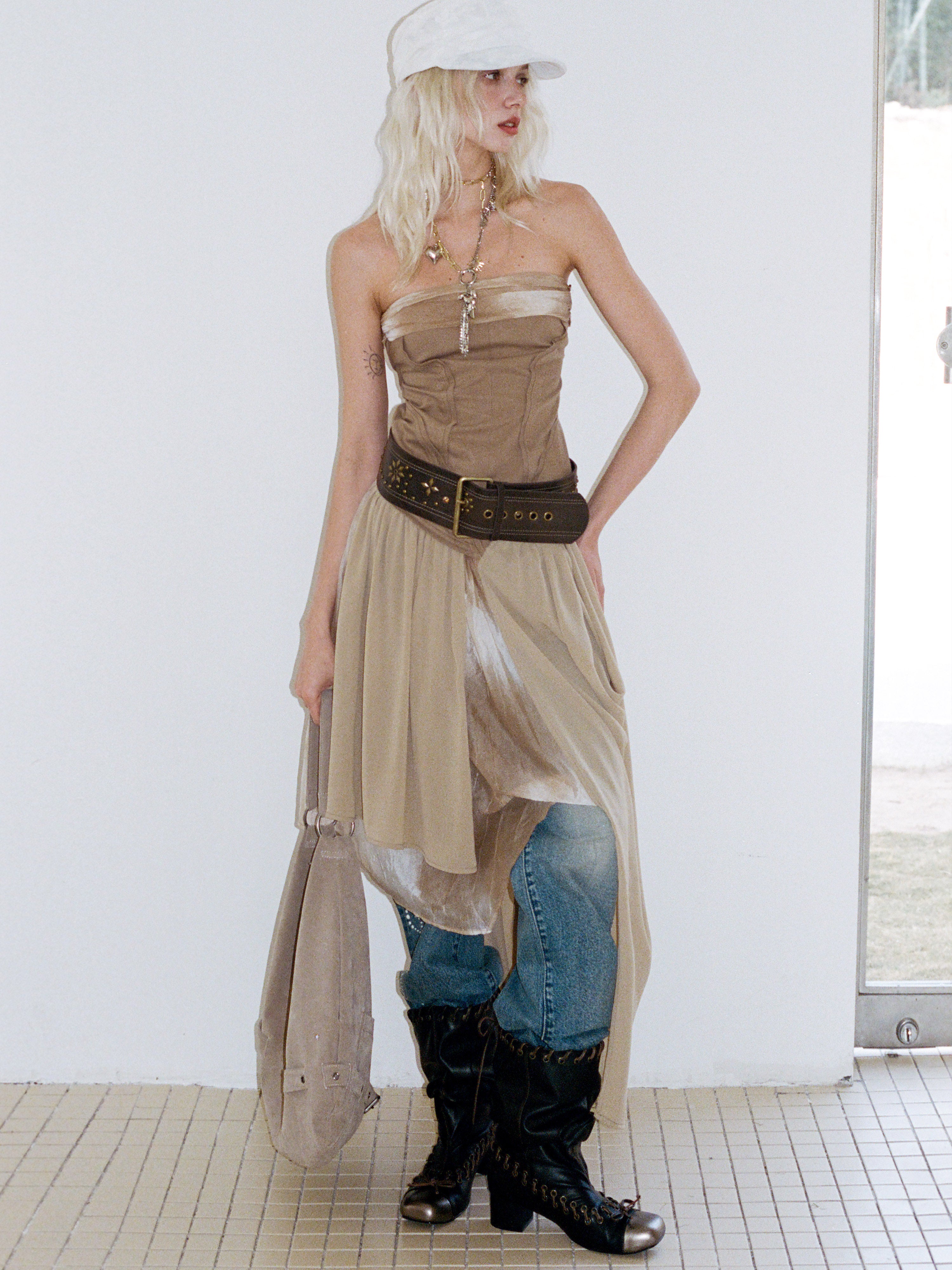 Draped Printed Bustier Pleated Dress - CHINASQUAD