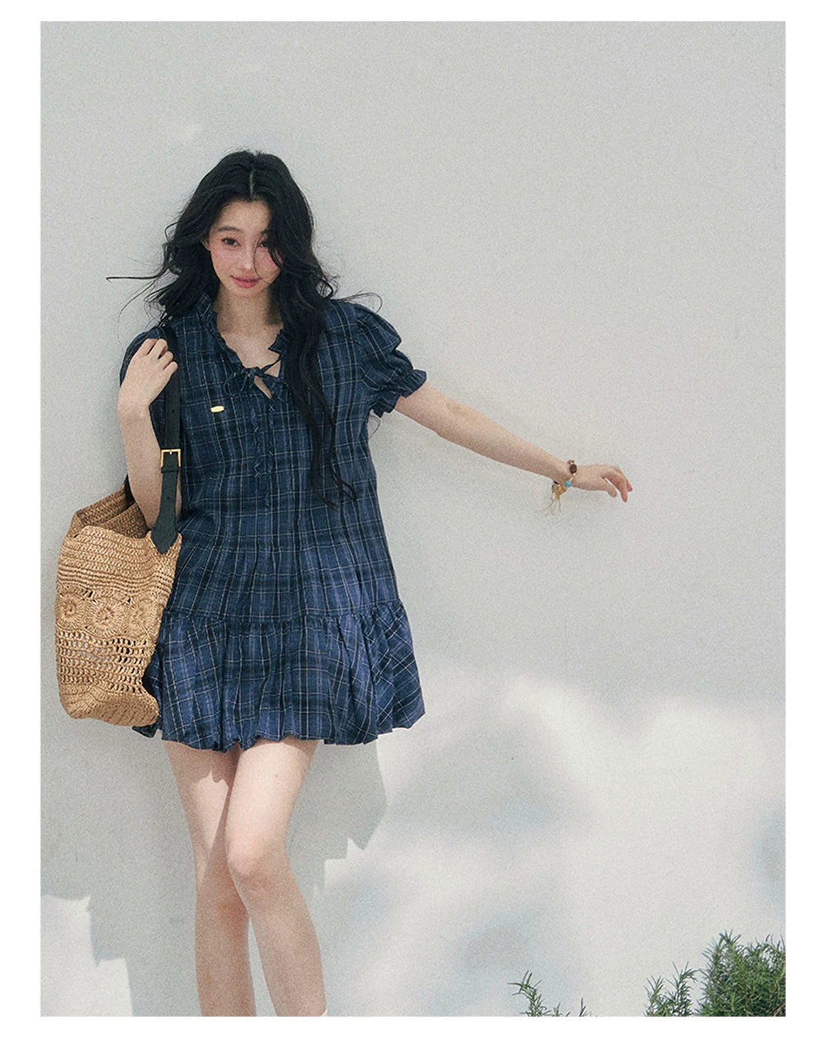 French Plaid Puff Sleeve Mini Dress