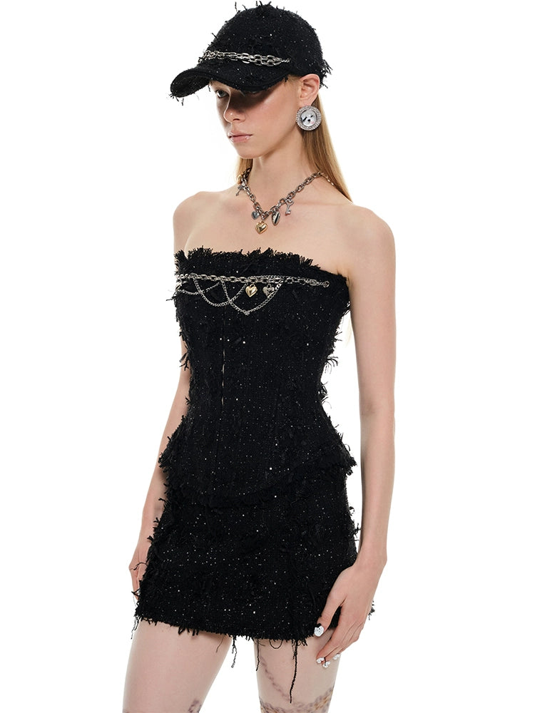 Black Tweed Mid-Low Waist Pencil Skirt - CHINASQUAD