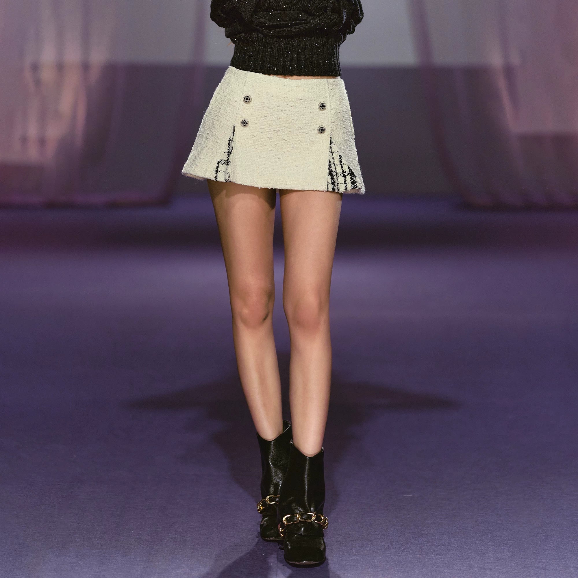 Tailored Double-Breasted Sequin Patchwork Pleated Mini Skirt