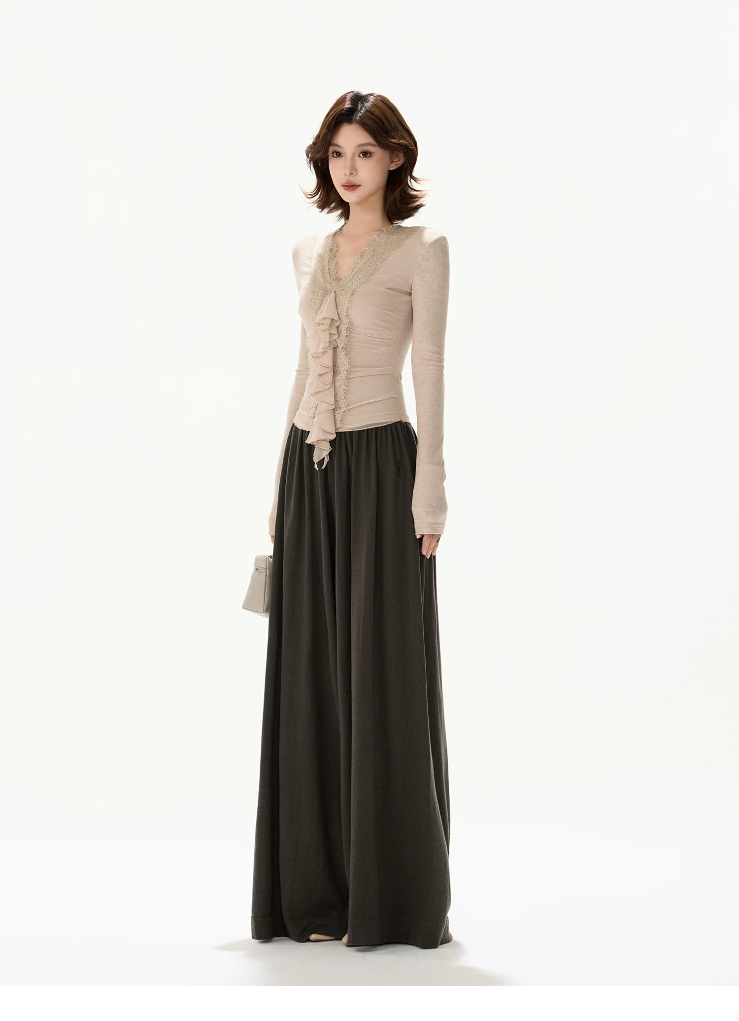 Elegant Lace Ruffle Knit V-Neck Top