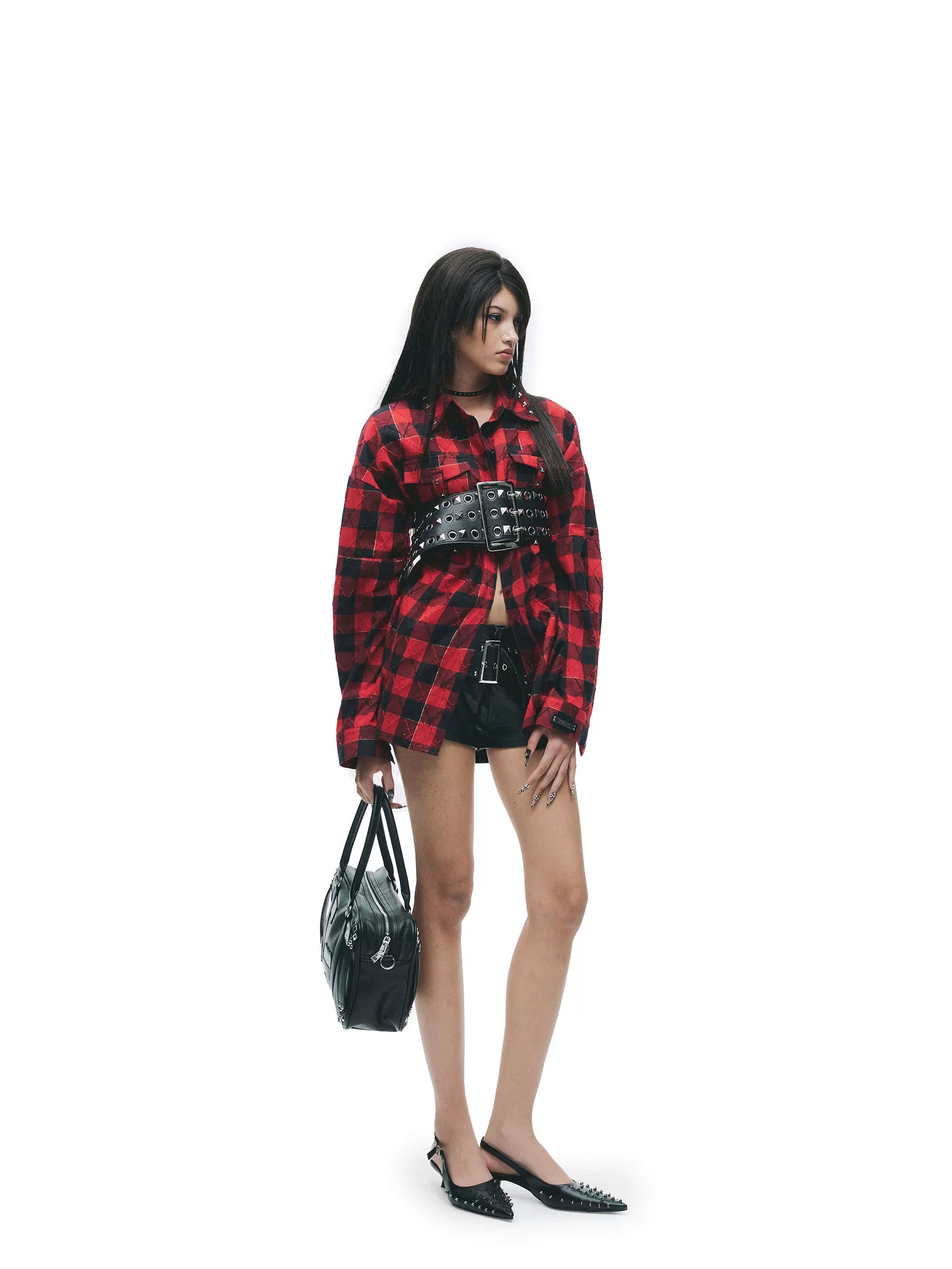 Vintage Washed Studded Plaid Oversized Shirt