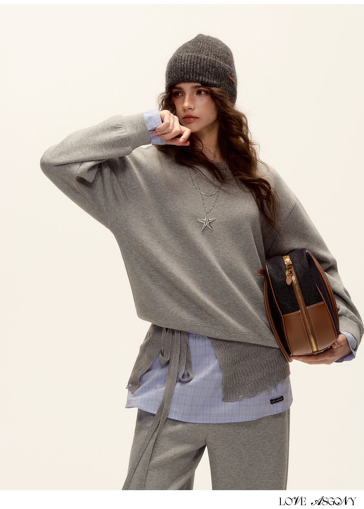 Patchwork Sweatshirt & Curved-Hem Knit Pants Set