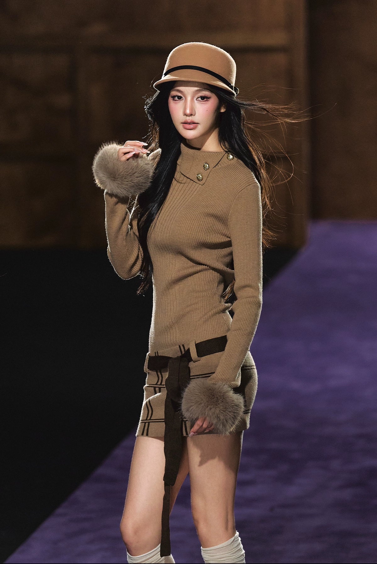 Faux Fur Cuff High-Neck Knit Dress