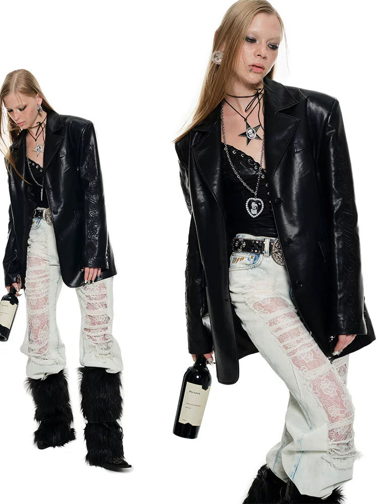 Blue & Black Ripped Lace Denim Jeans - CHINASQUAD