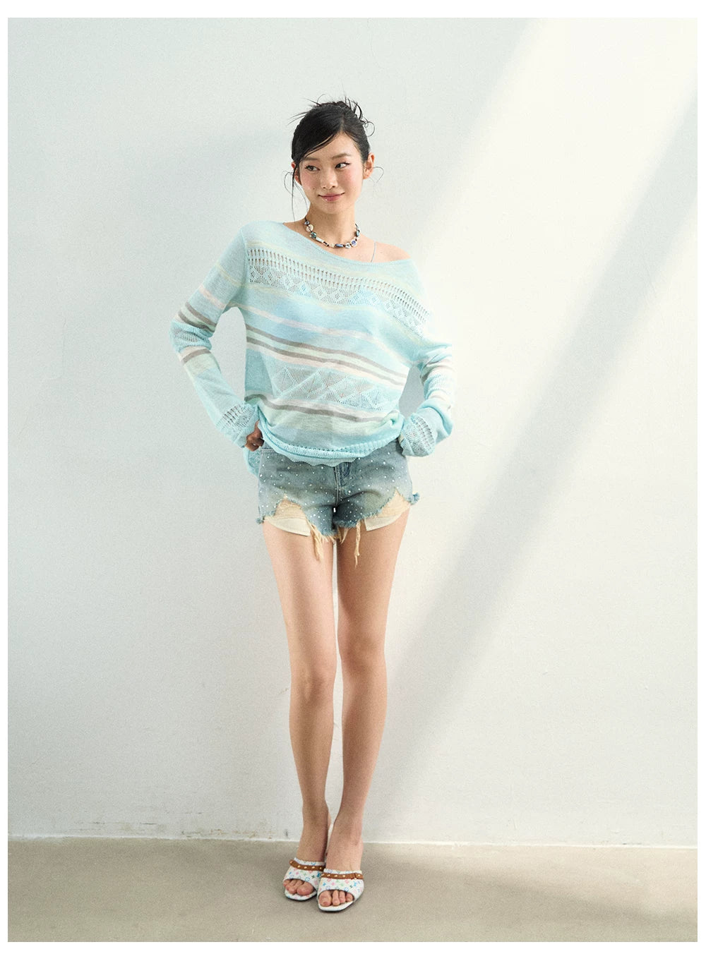 Color-Block Open Knit Stripe Blouse