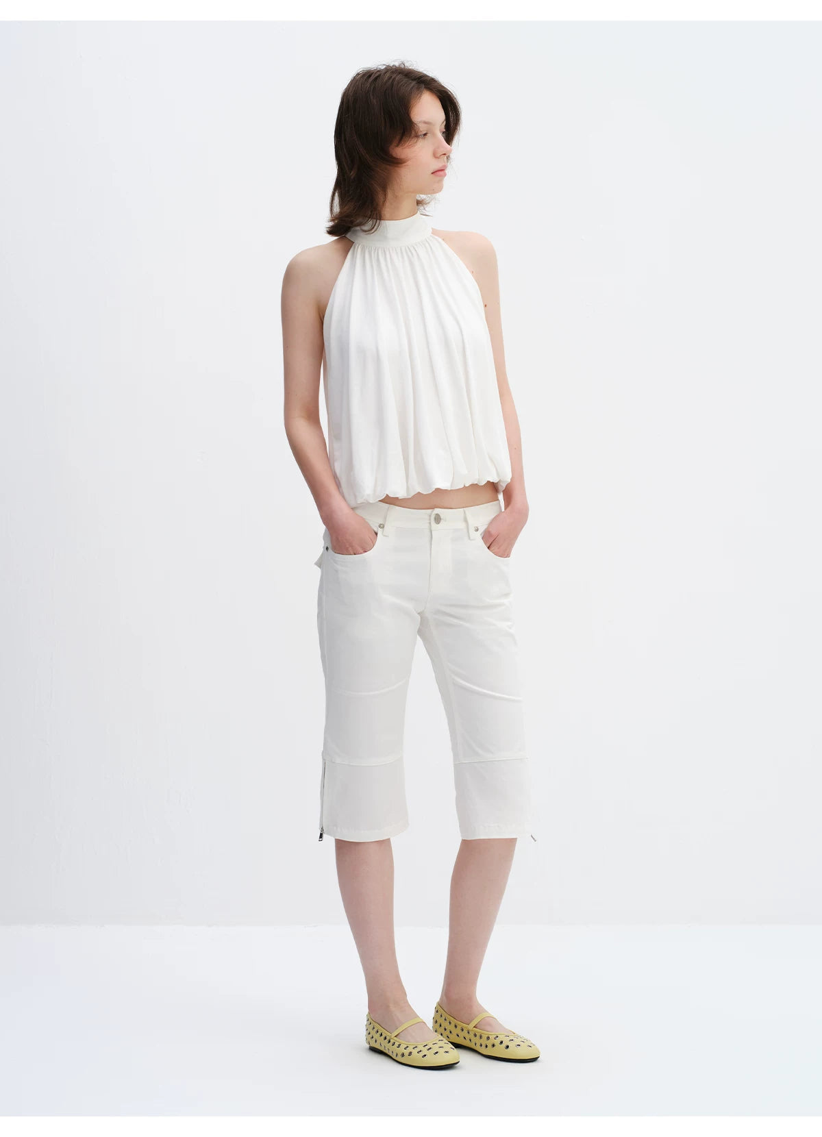 Lyocell Bubble Hem Halter Neck Blouse