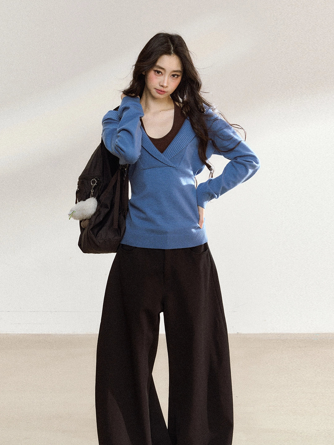 Blue Off-Shoulder Knit Sweater Cardigan - CHINASQUAD