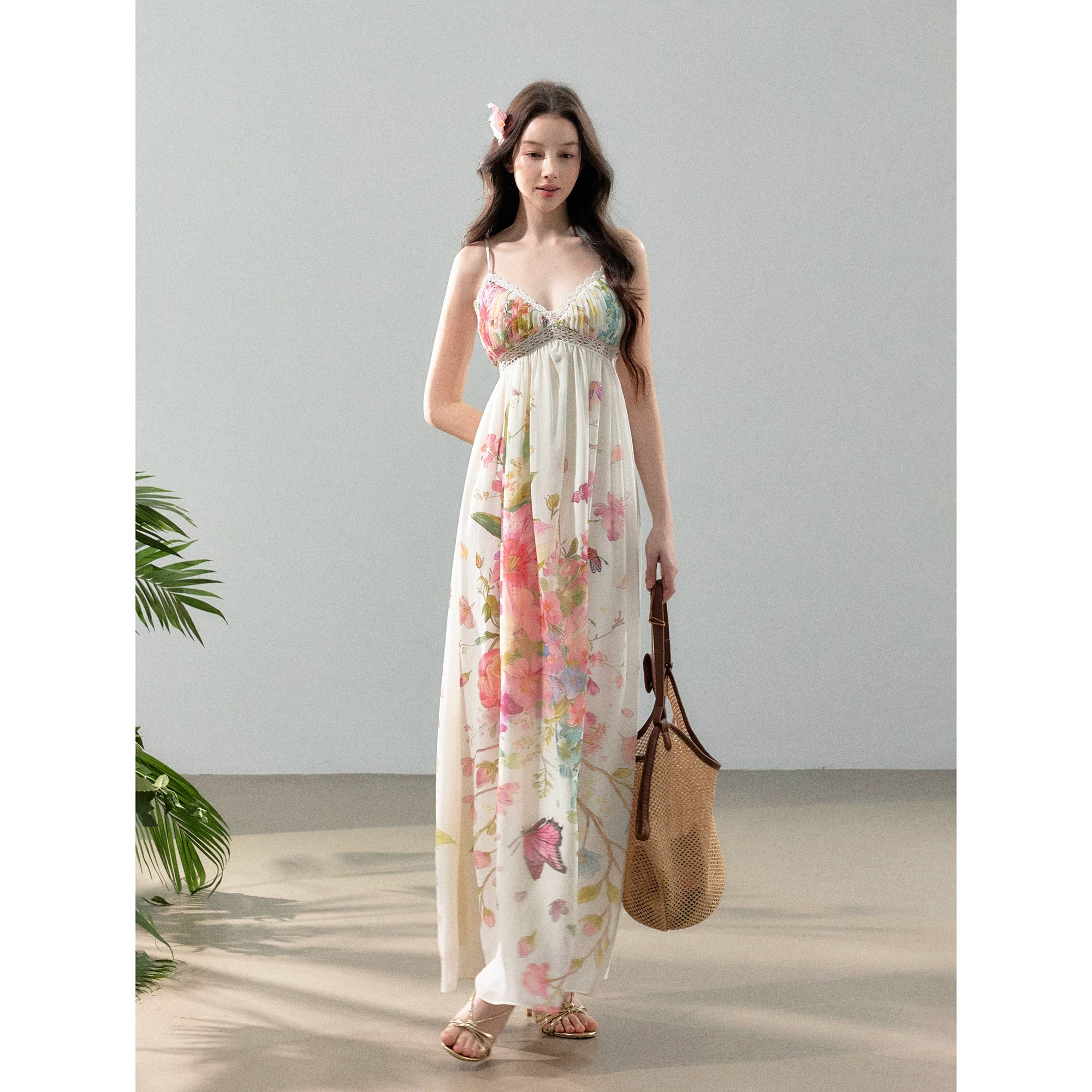 Blooming Vine Floral Chiffon Slip Maxi Dress