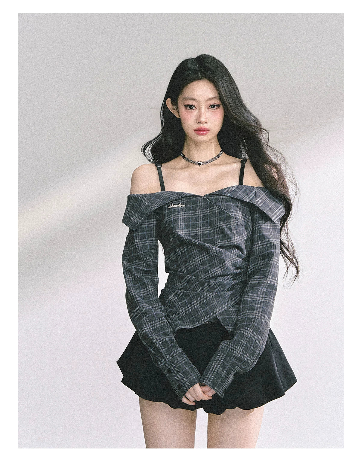 Off-Shoulder Plaid Long-Sleeve Shirt