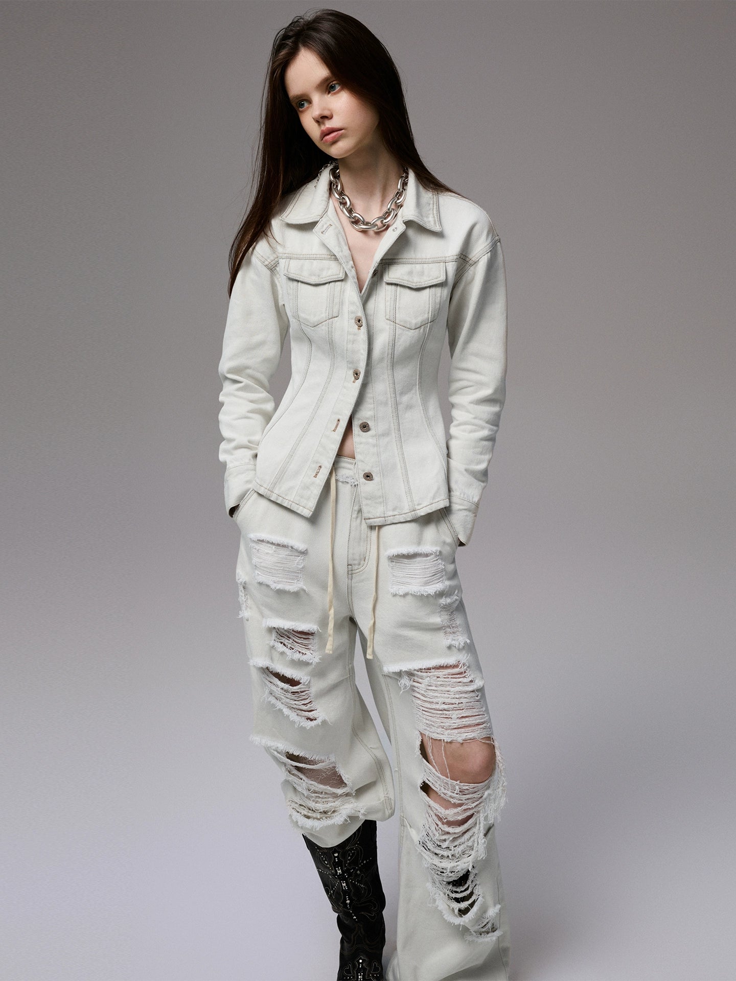 Vintage Washed Waist-Tailored Wide-Shoulder Jacket