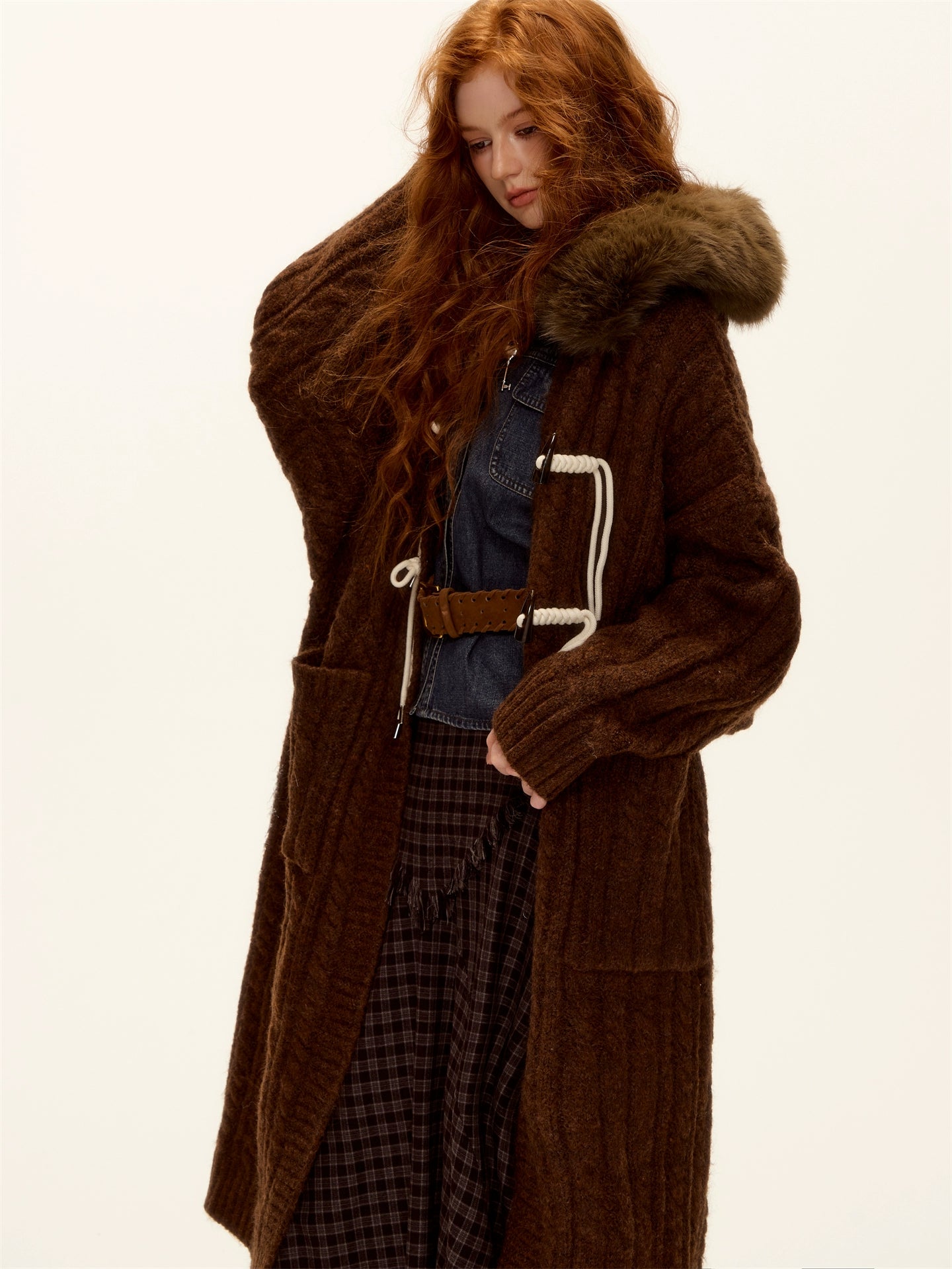 Detachable Fur Collar Cable-Knit Duffle Coat