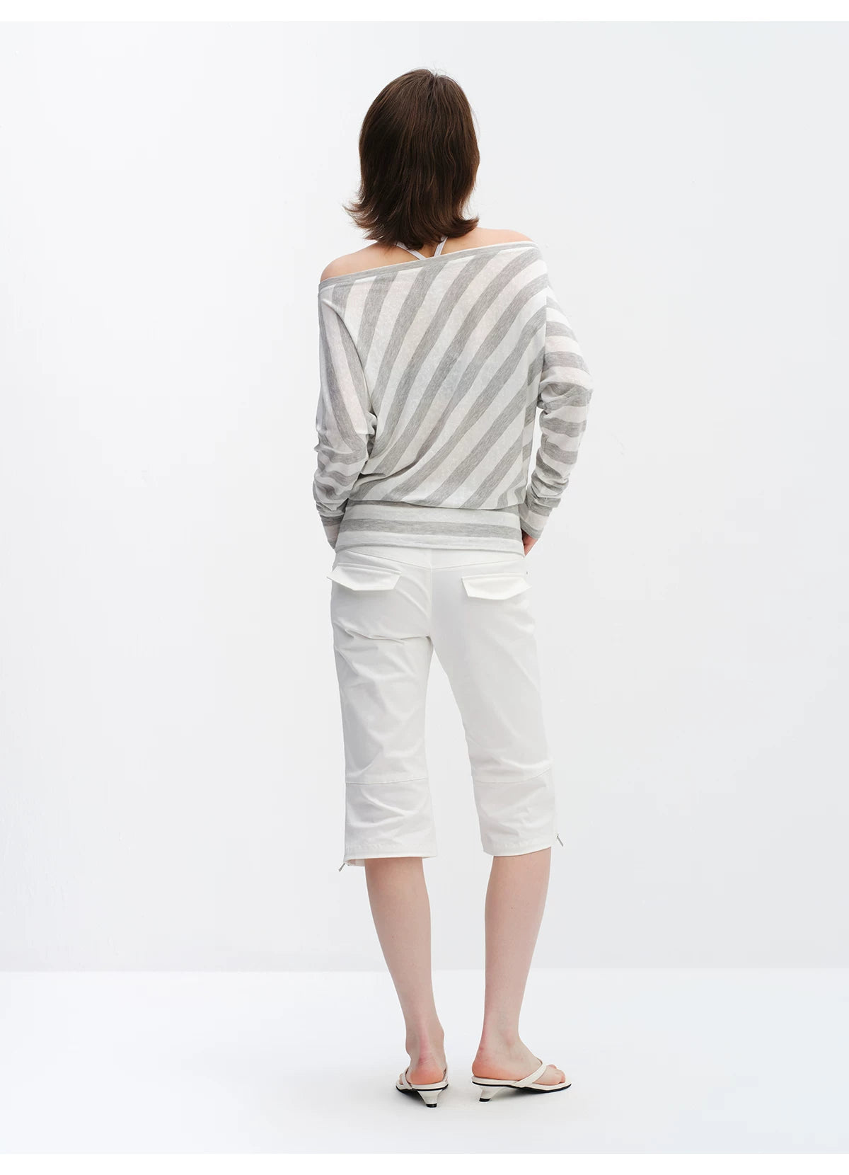 Grey Striped Off-Shoulder Graphic Long Sleeve Blouse