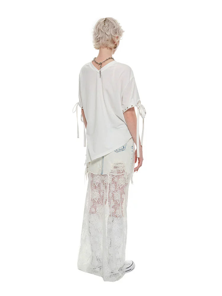 Black & Blue Lace Panel Denim Maxi Skirt - CHINASQUAD