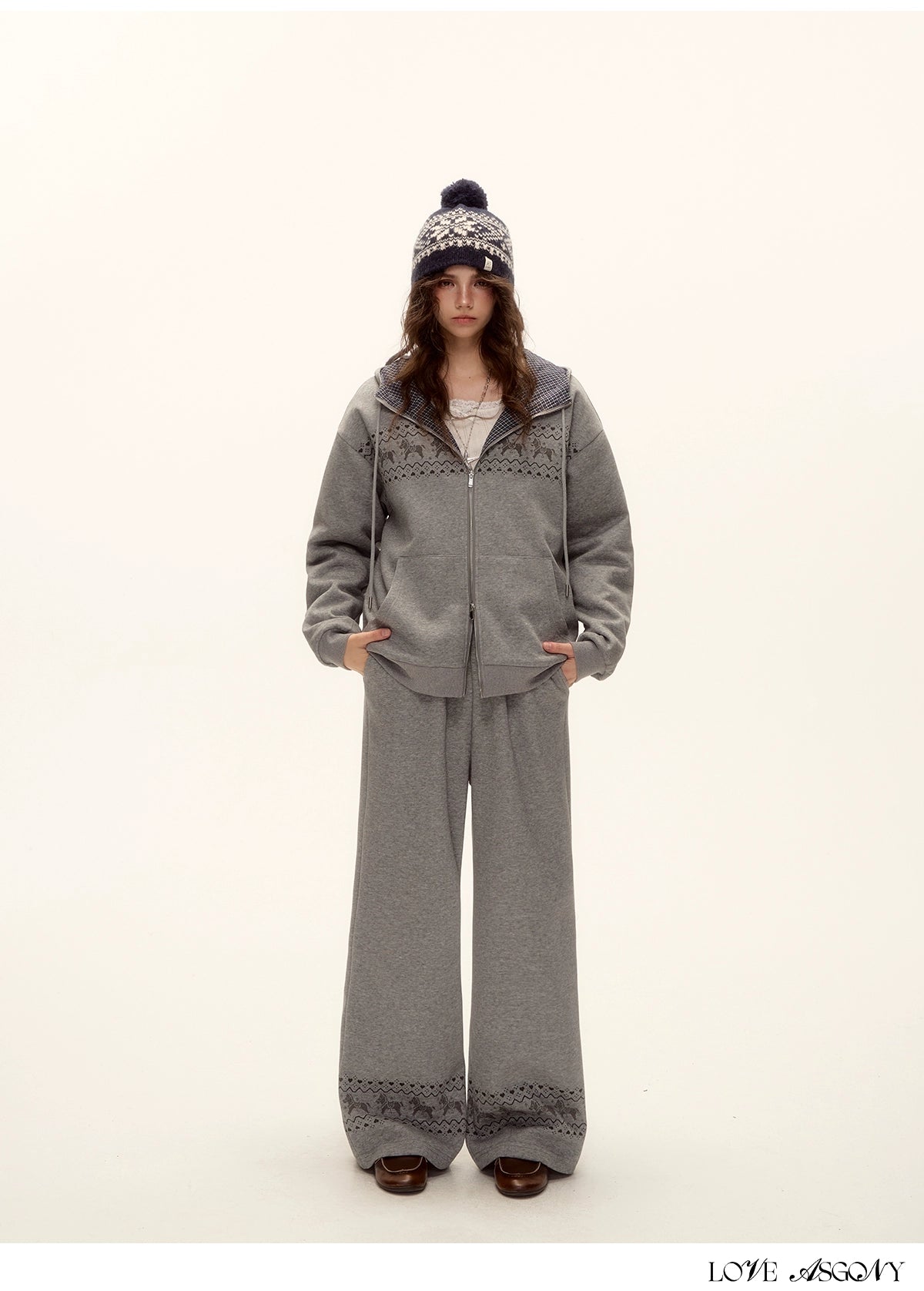 Zip-up Plaid Hoodie & Wide-Leg Pants Set