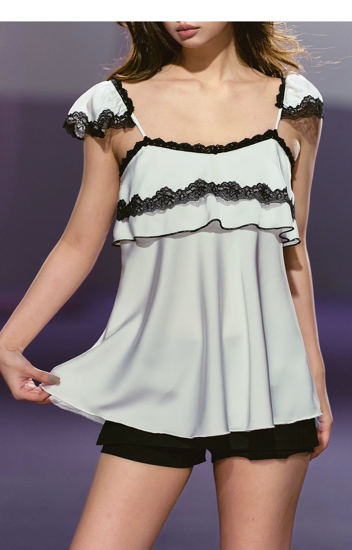 Contrast Lace Satin Off-Shoulder Camisole Top
