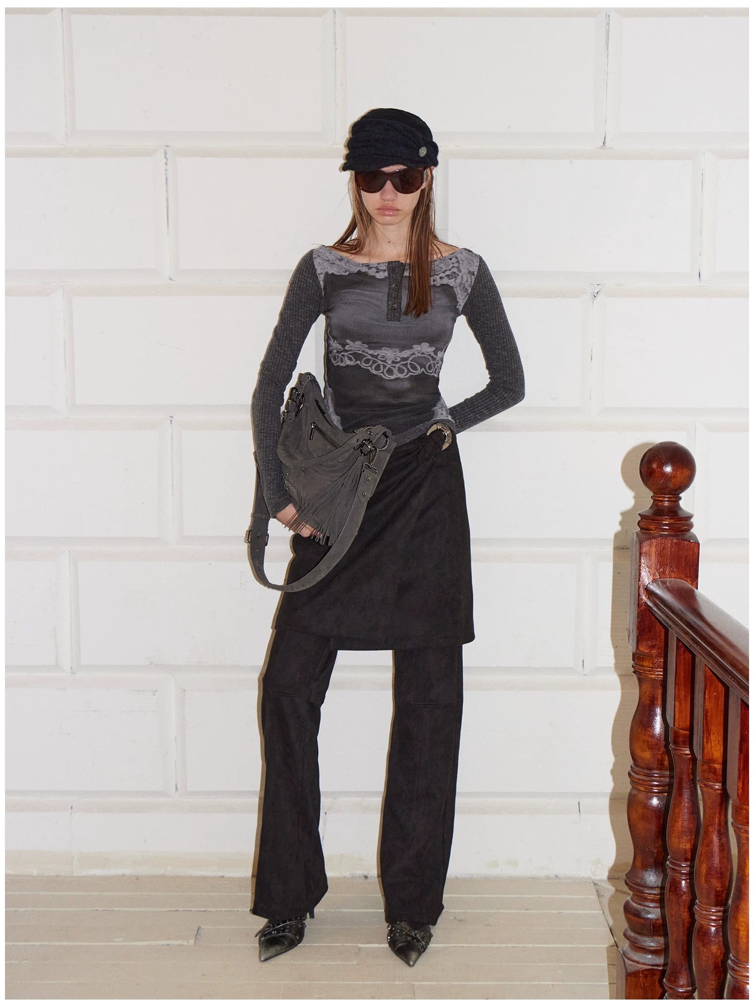 Reversible Face Print Henley Studded Sleeve Base Top