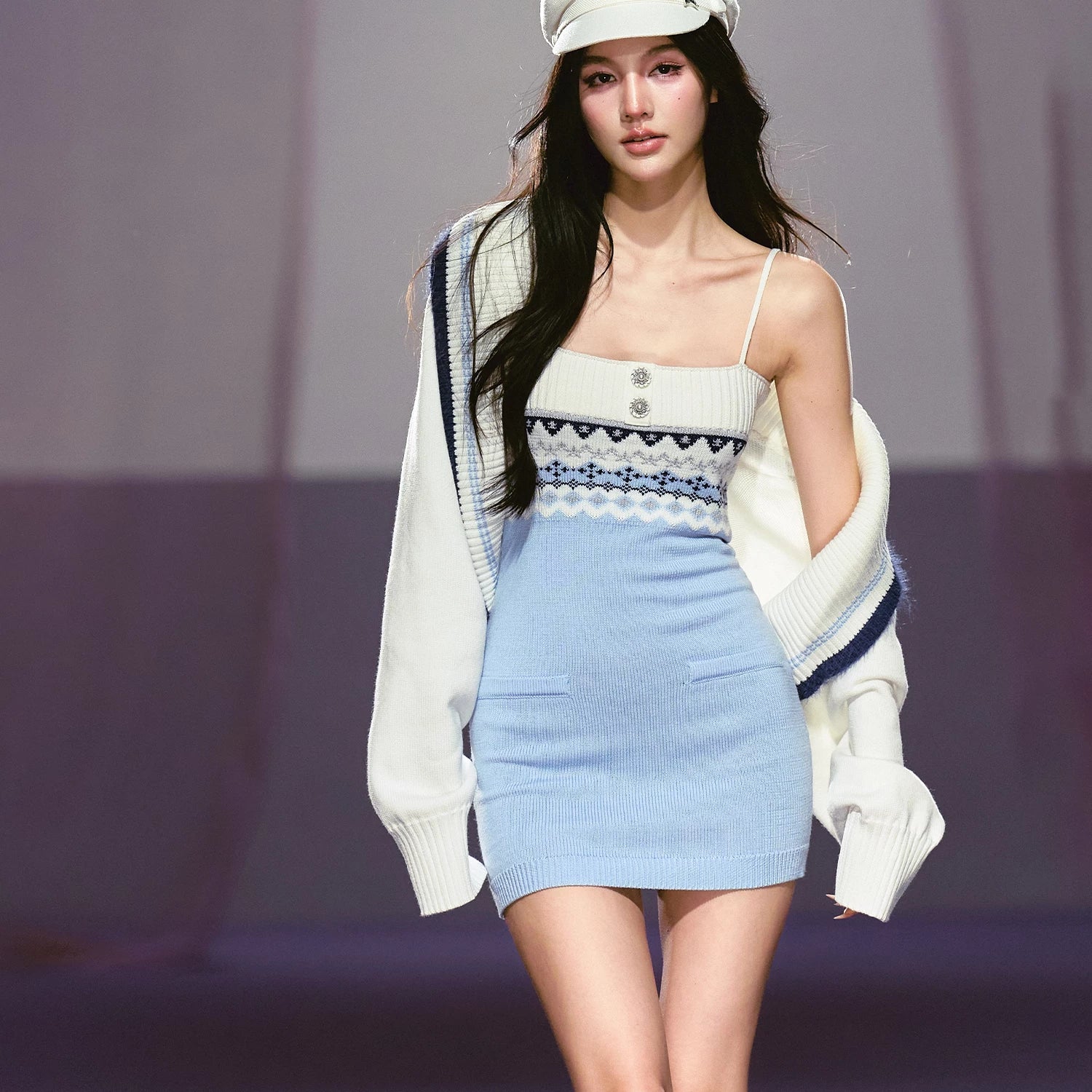 Asymmetrical Strap Top & Fair Isle Knit Cardigan Set