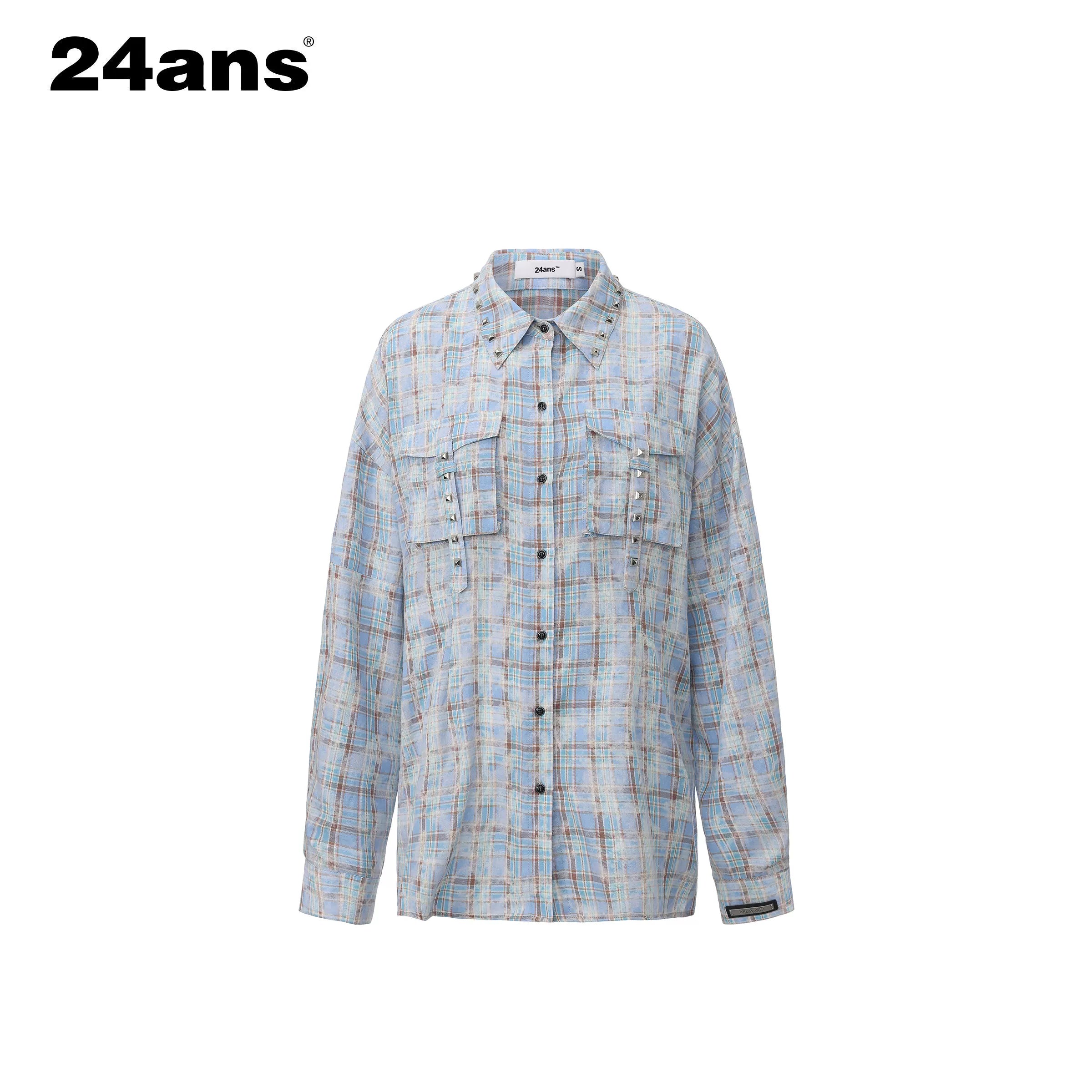 Vintage Washed Studded Plaid Oversized Shirt