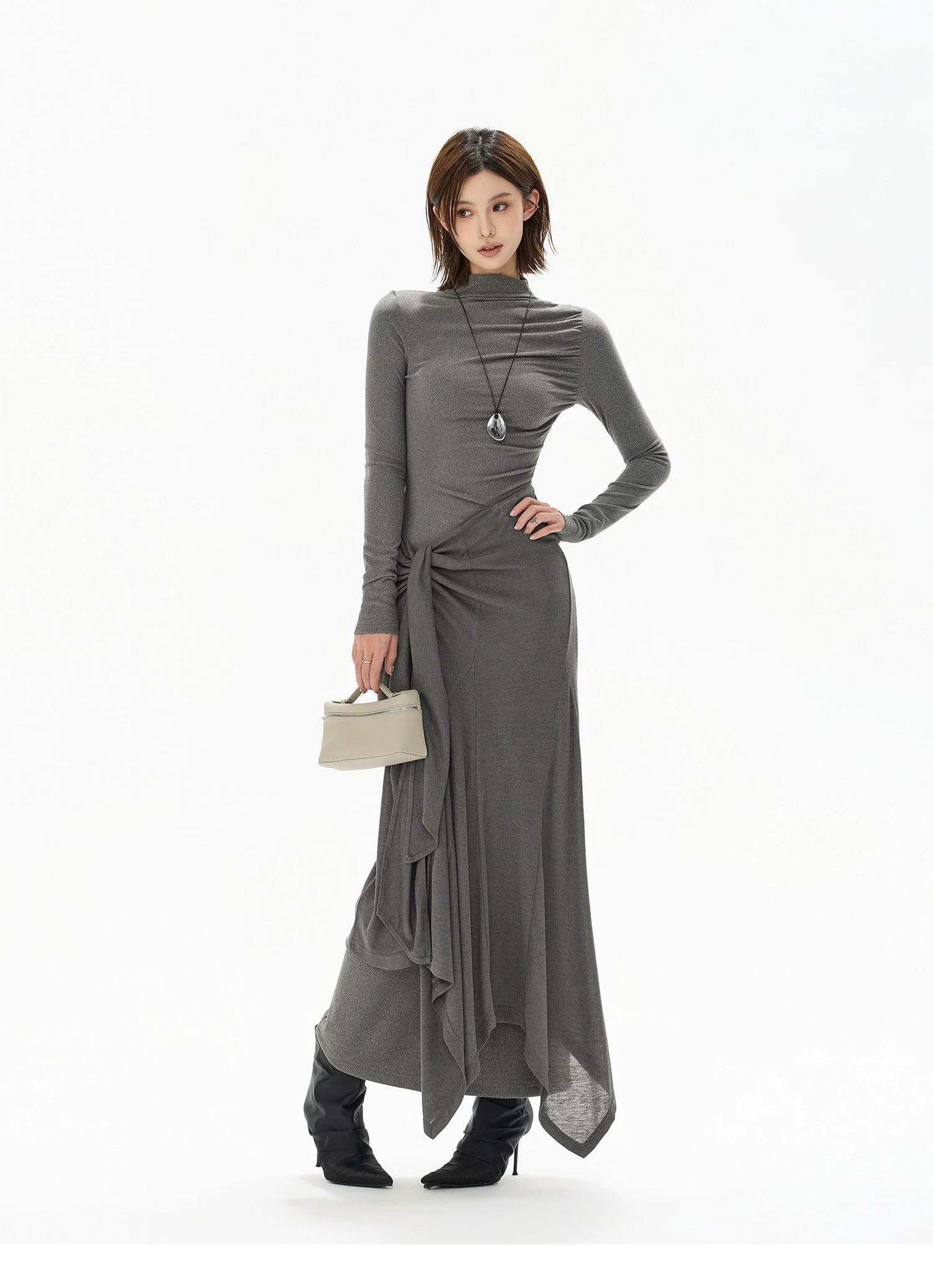 Half-High Neck Tie-Detail Knit Maxi Dress