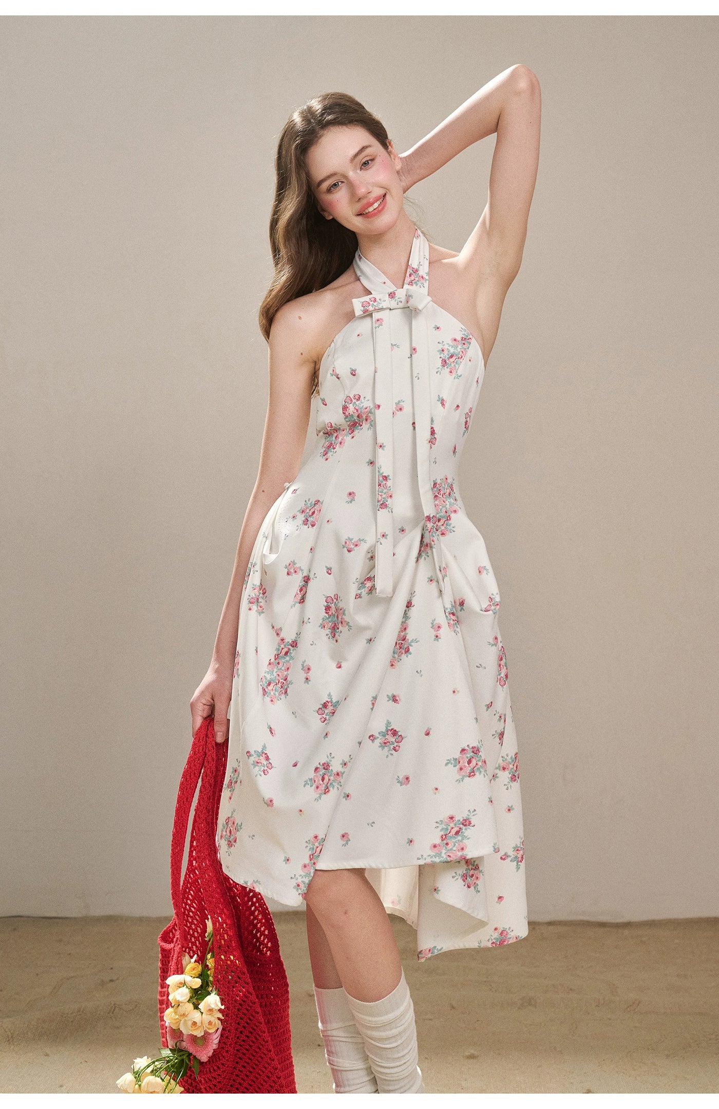 Rose Pleats Halter Midi Dress