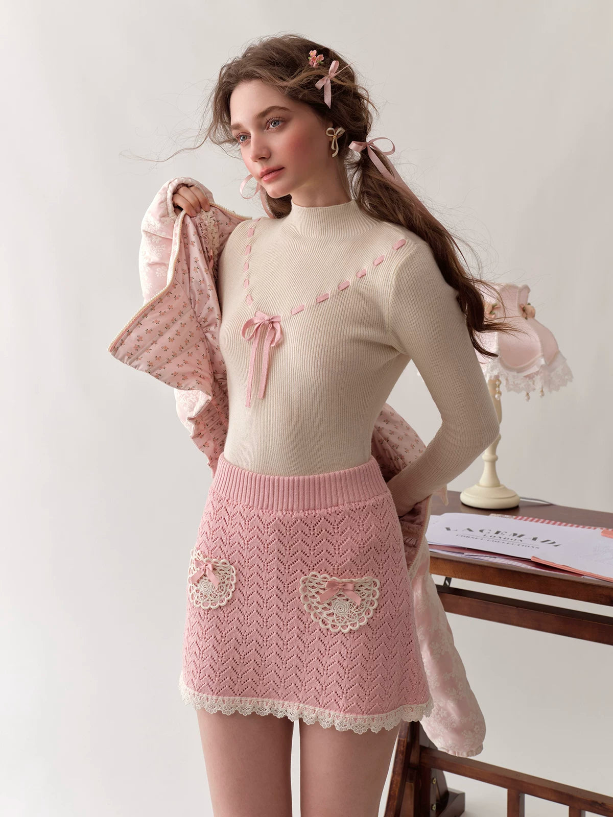 Collegiate White Mock-Neck Knit Top & Skirt Set