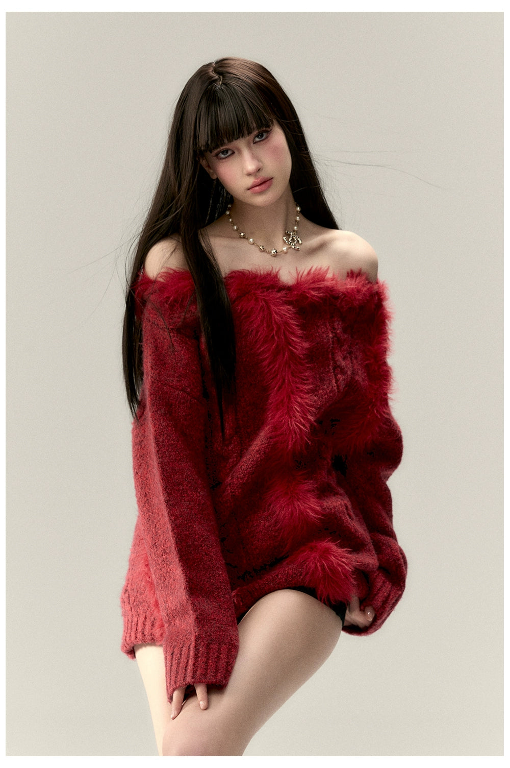 Off-Shoulder Patchwork Cable Knit Sweater