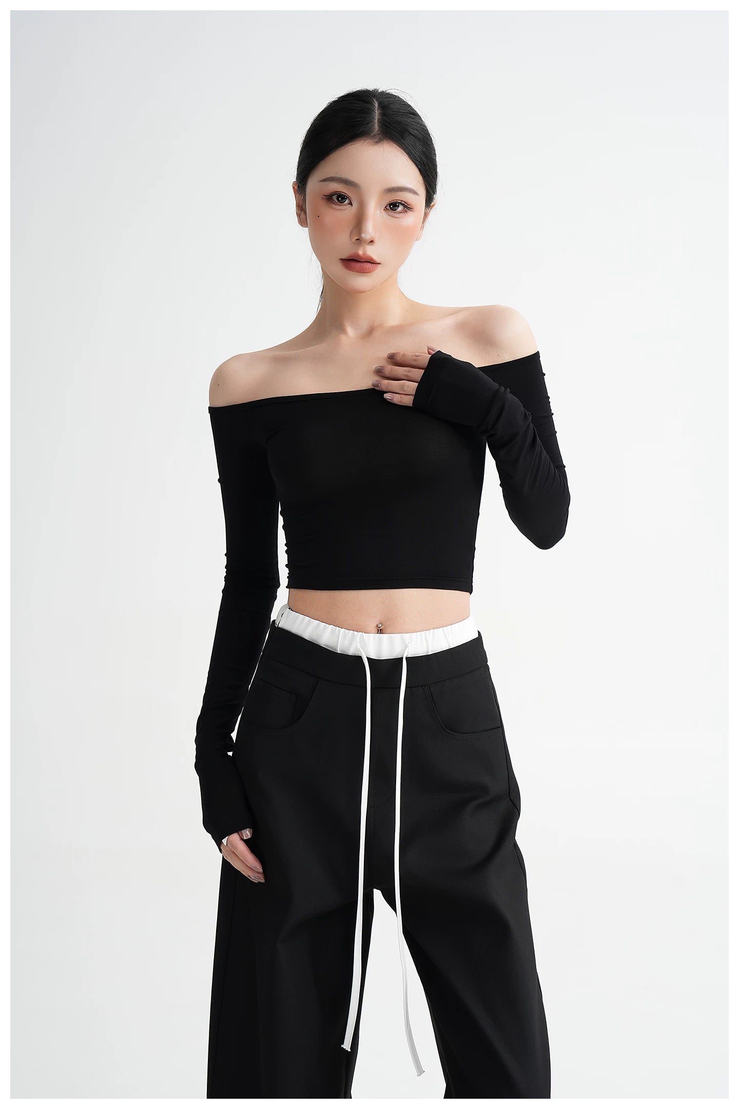 Off-Shoulder Cropped Fitted Long Sleeve T-Shirt