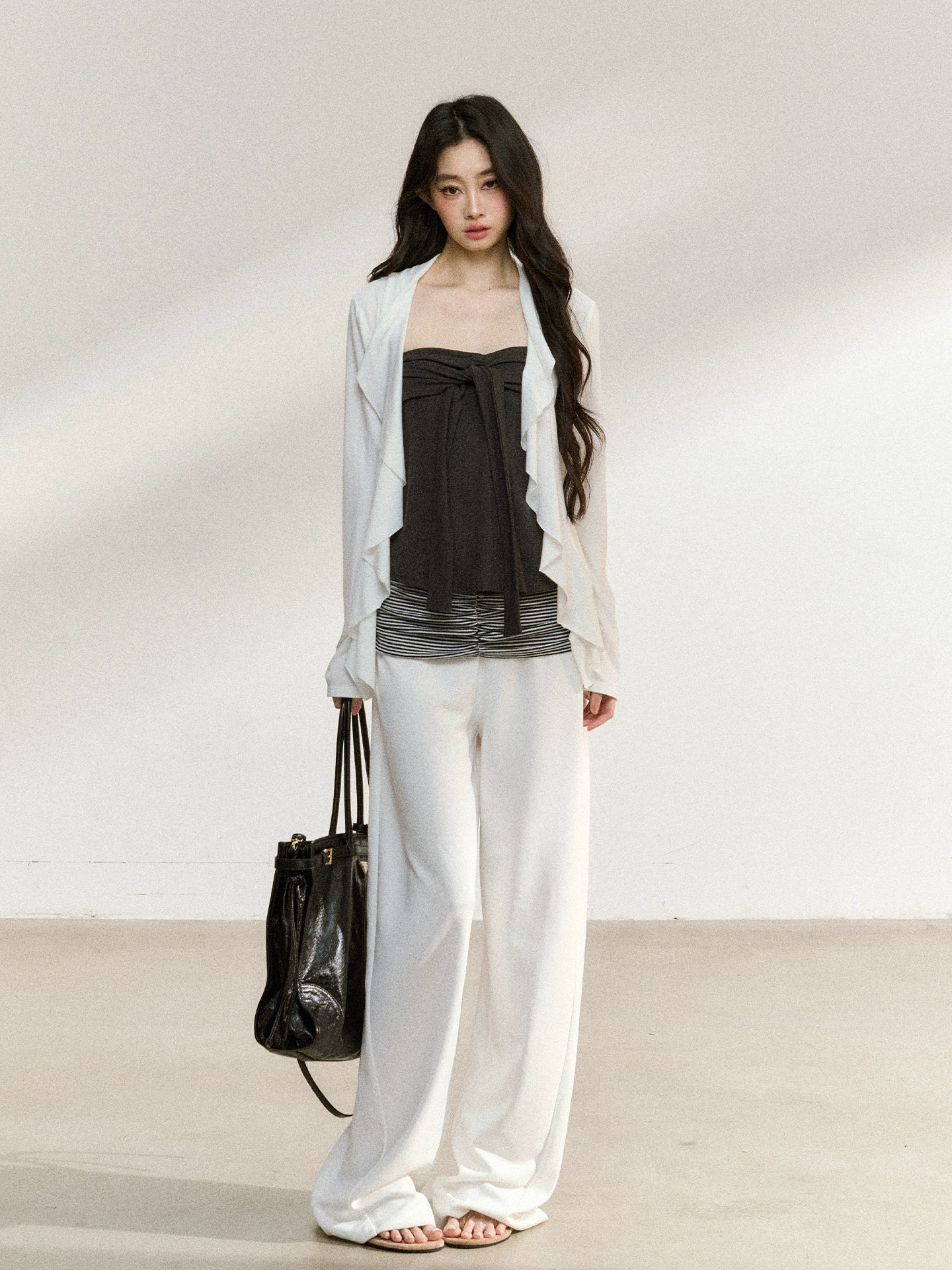 Layered Ruffle-Edge Cardigan & Tube Top Set - CHINASQUAD