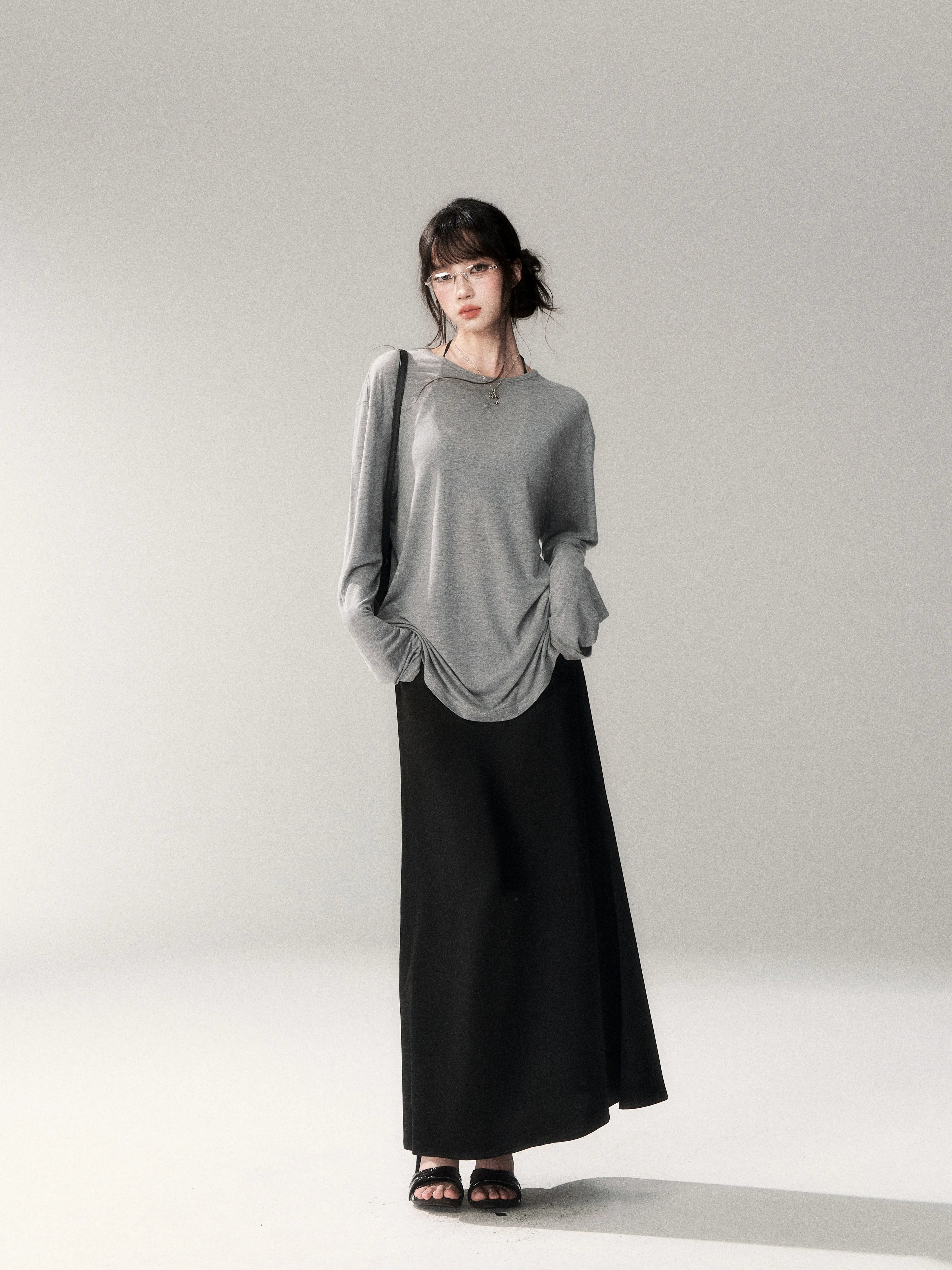 French Satin Acetate A-Line Midi Skirt