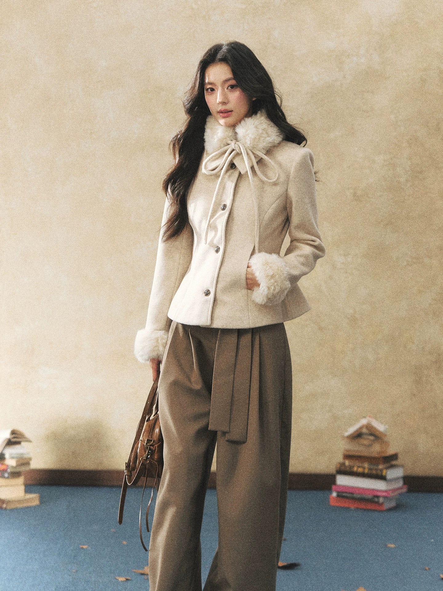 Detachable Fur-Collar Wool-Blend Jacket