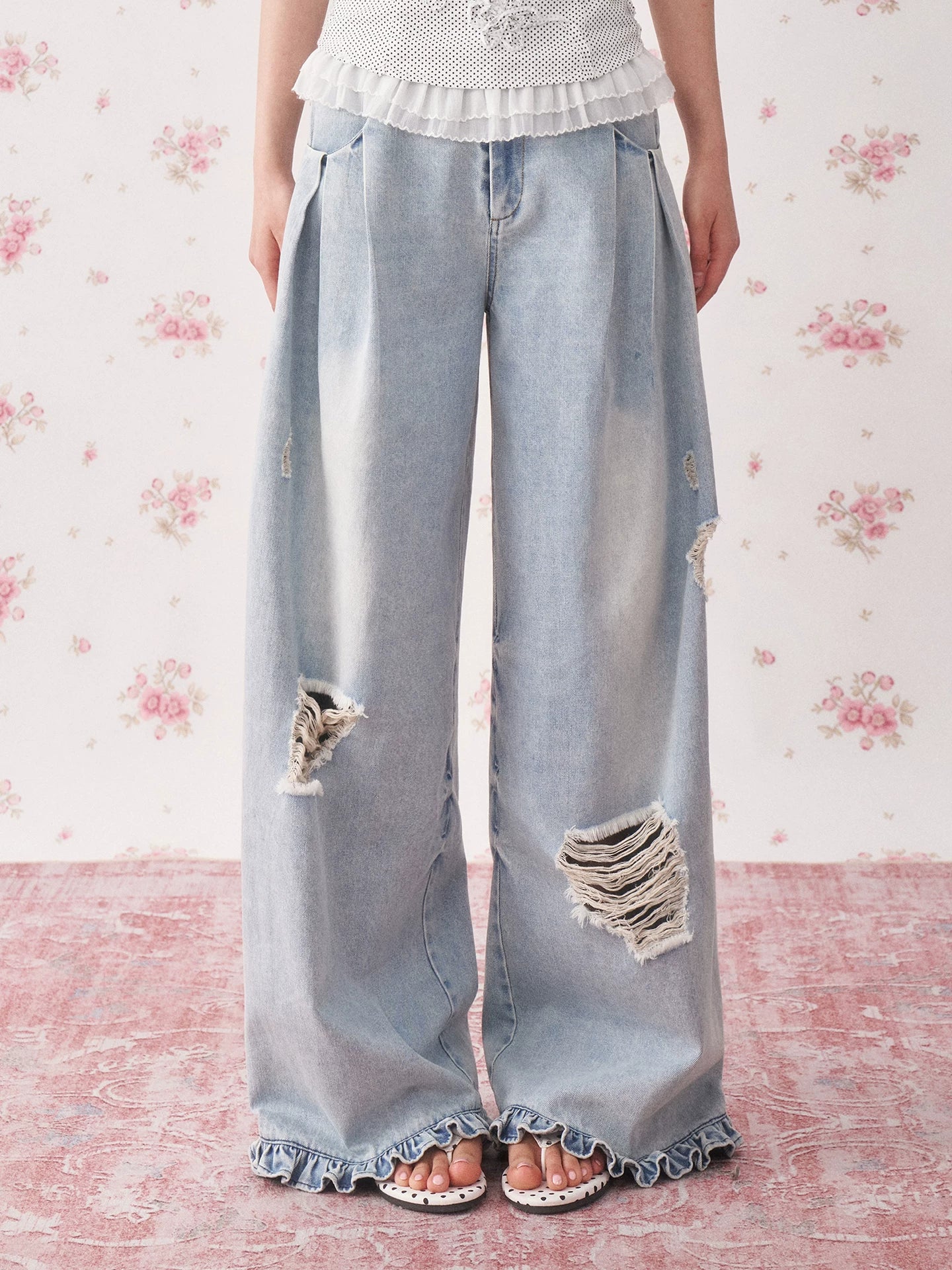 Vintage Distressed Wide-Leg Denim Jeans