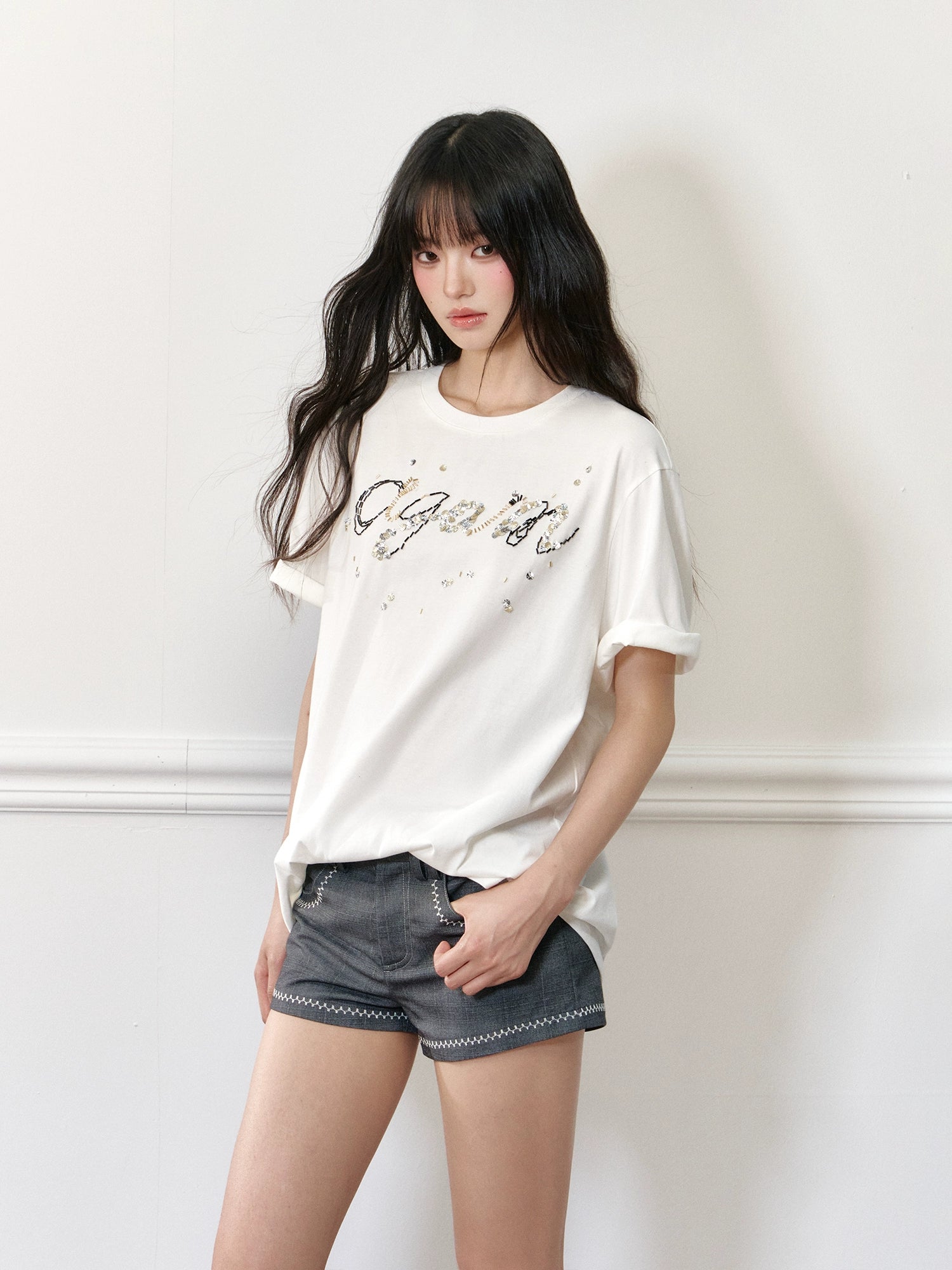 LOGO Bead Embroidered Short Sleeve T-shirt - CHINASQUAD