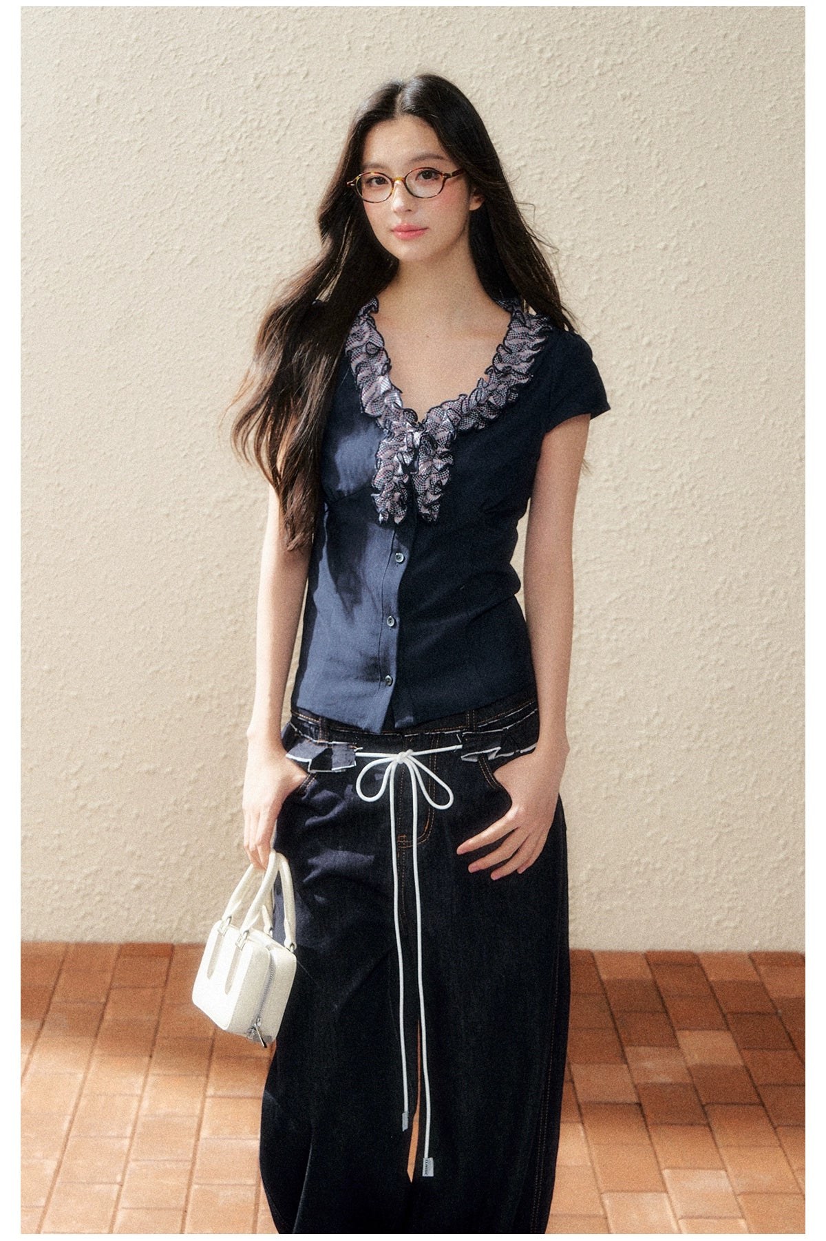 Navy Lace-Trim Knit Blouse - CHINASQUAD
