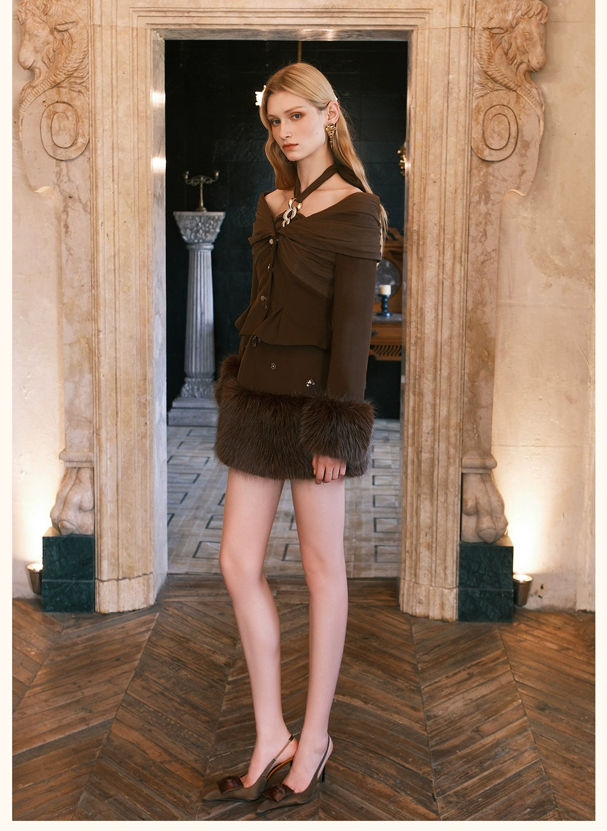 Vixen Faux Fur Halter Floral Dress Set - CHINASQUAD